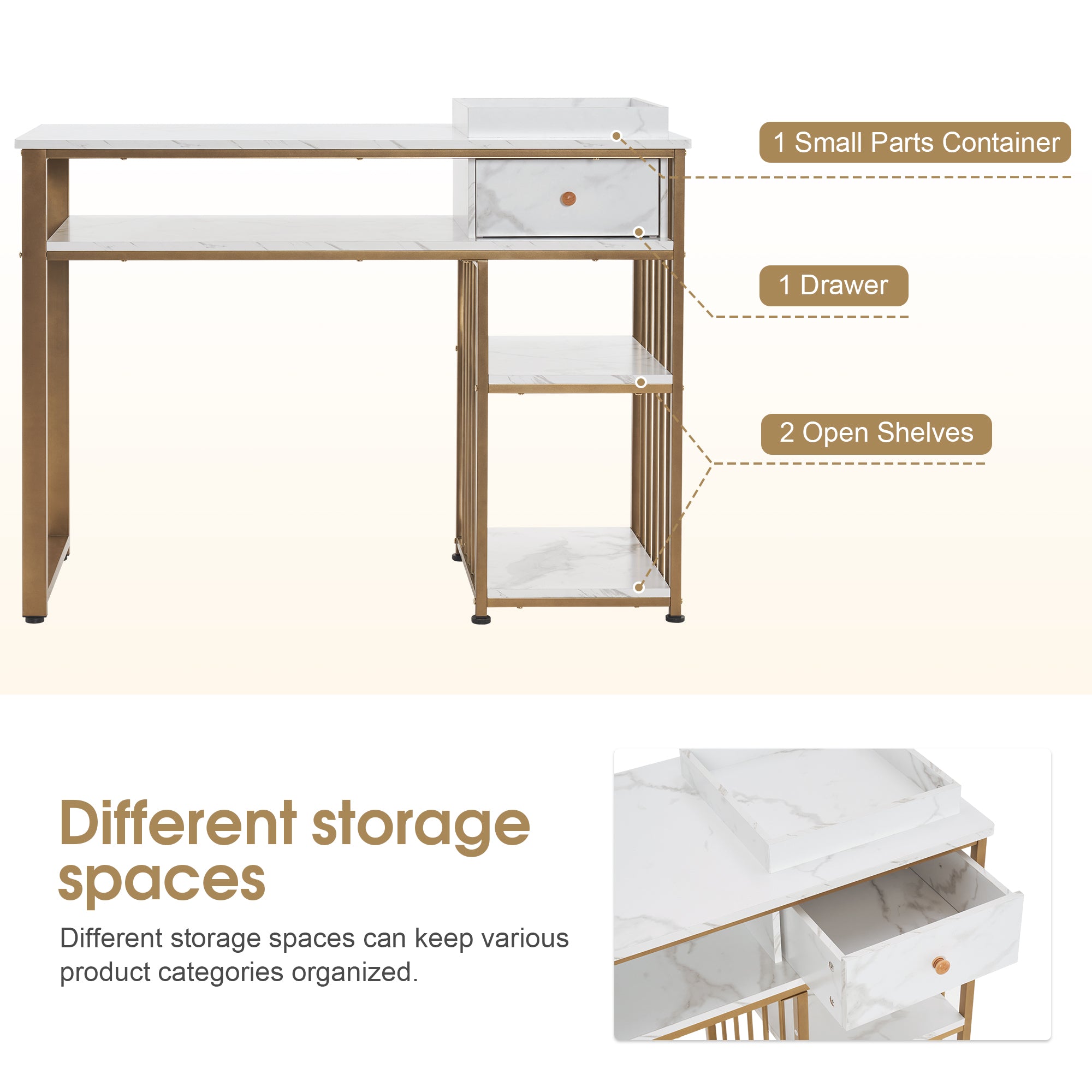 Marbling Texture Nail Tech Table with Open Space, Manicure Workstation for Storage 2408