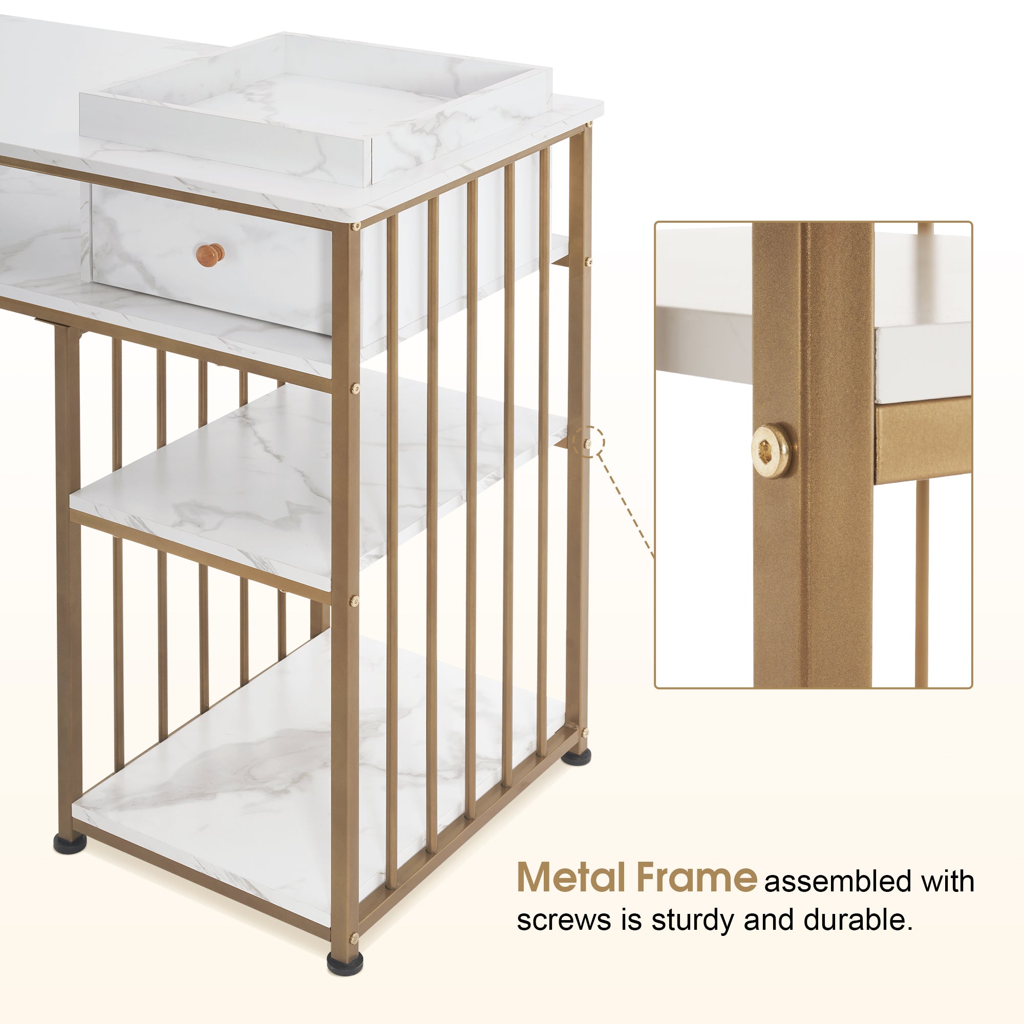 Marbling Texture Nail Tech Table with Open Space, Manicure Workstation for Storage 2408