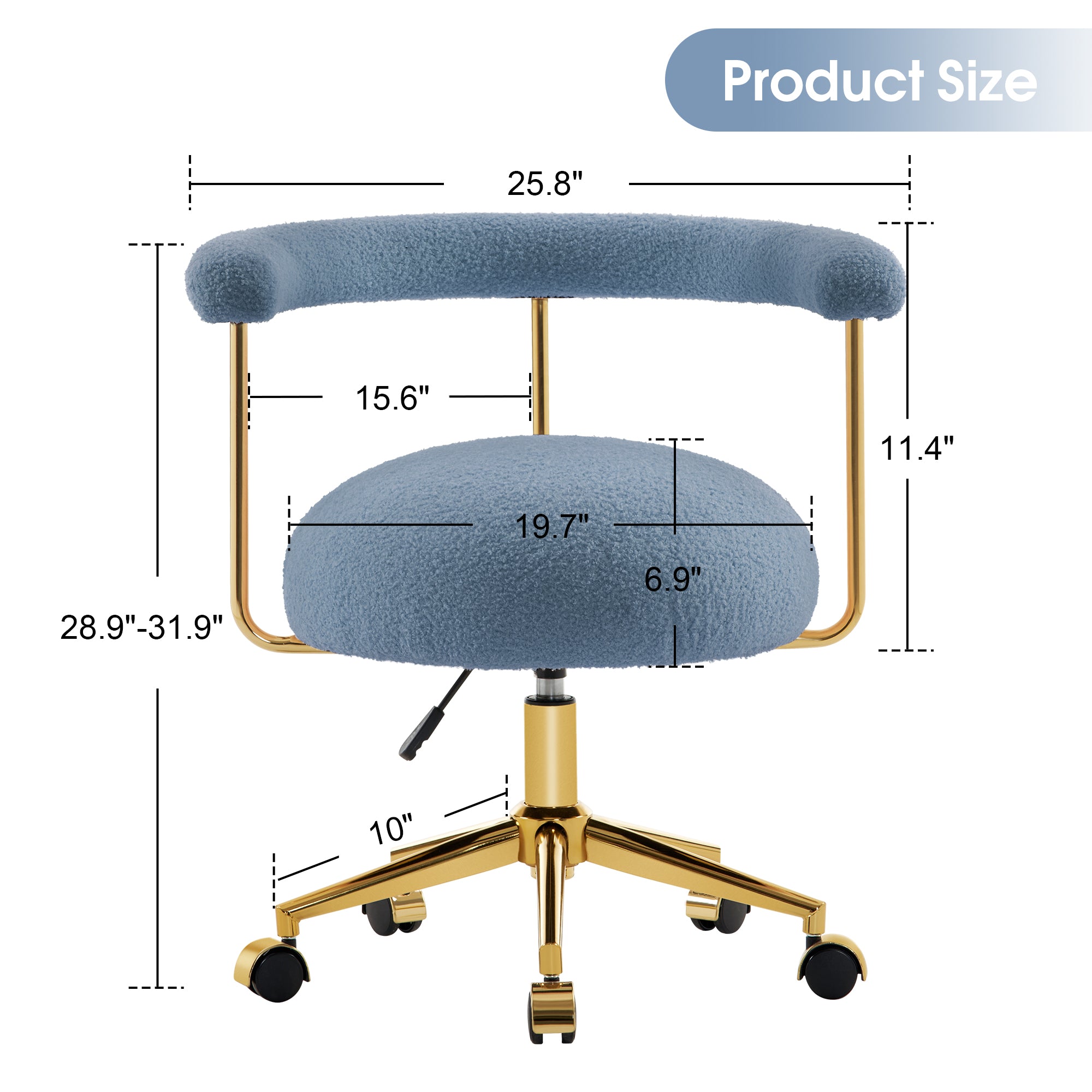 Comfy Rolling Manicure Chair with Golden Metal Leg, Adjustable Fleece Makeup Vanity Chair 3527