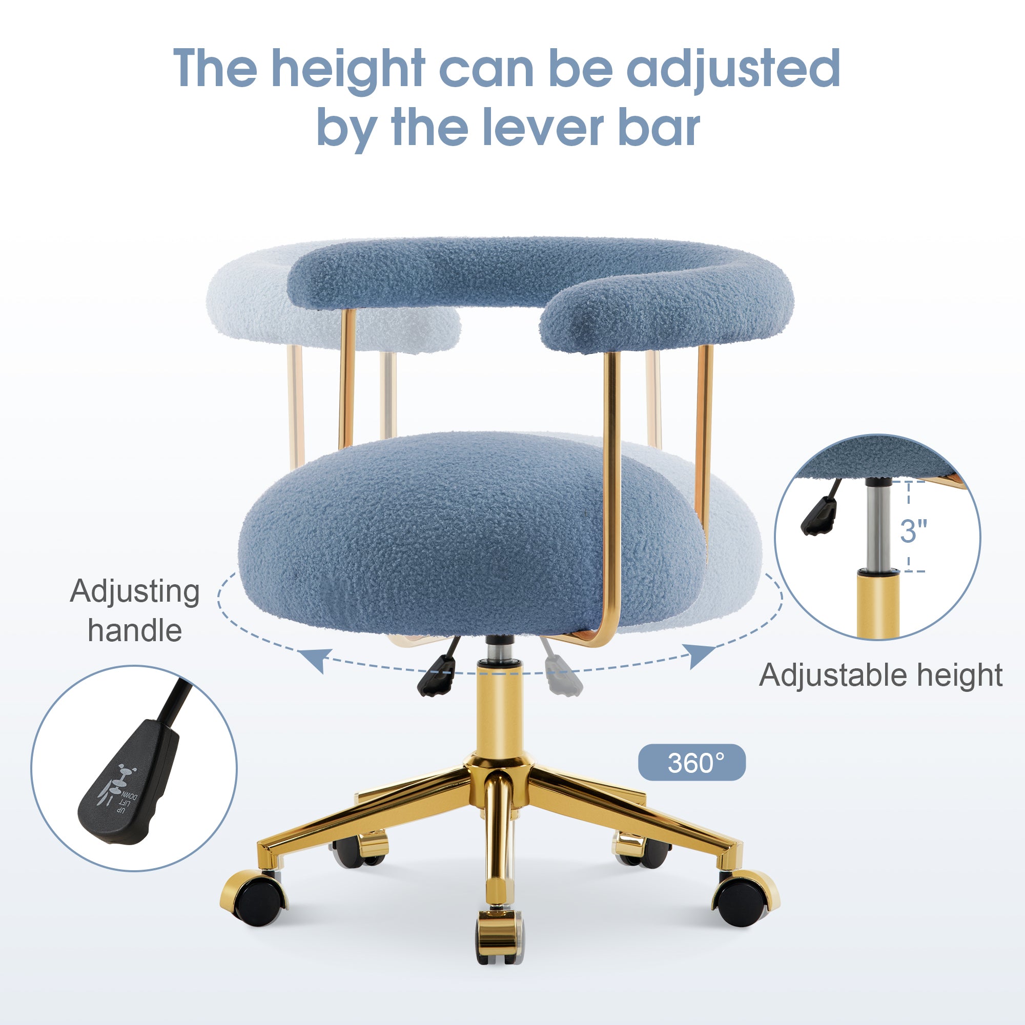 Comfy Rolling Manicure Chair with Golden Metal Leg, Adjustable Fleece Makeup Vanity Chair 3527
