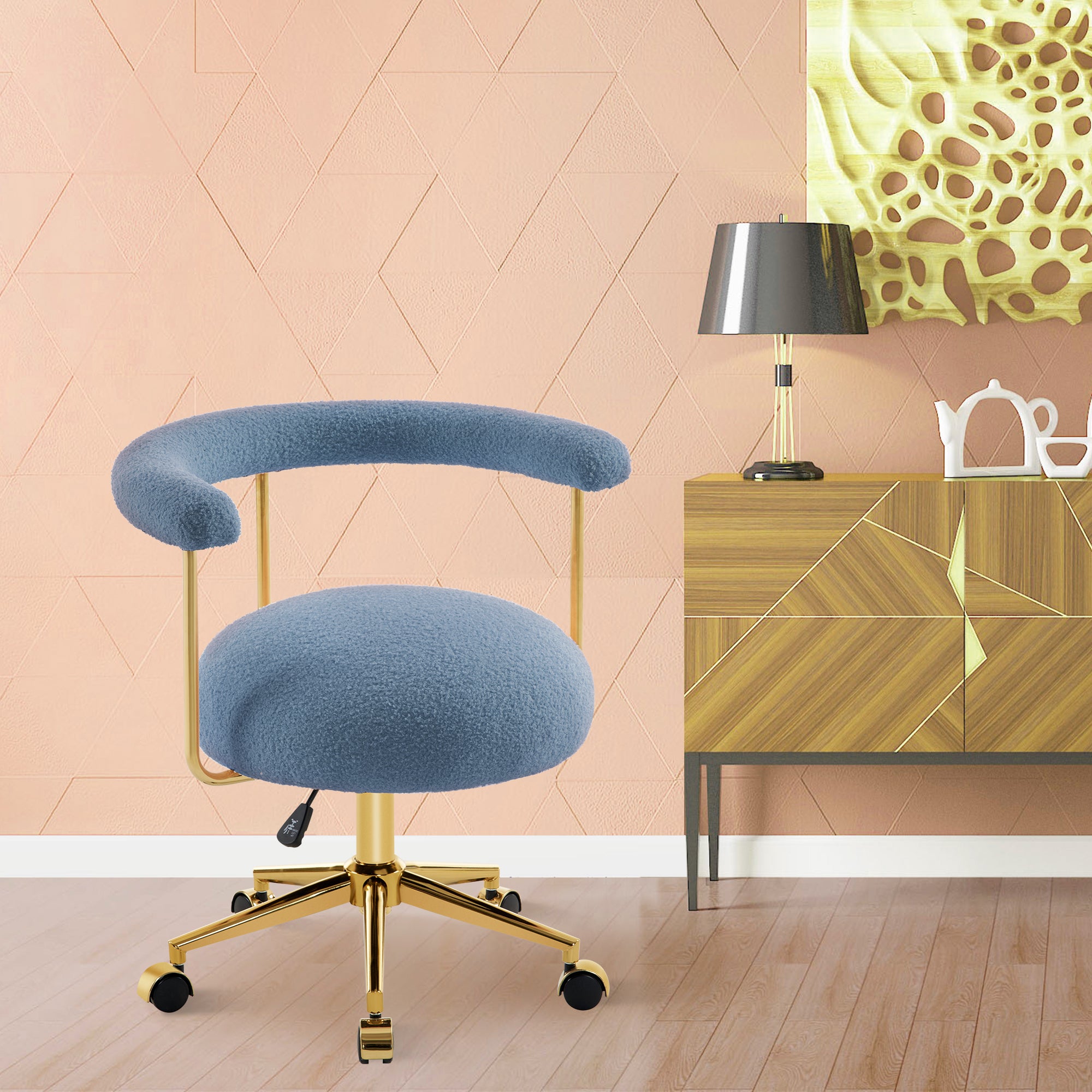 Comfy Rolling Manicure Chair with Golden Metal Leg, Adjustable Fleece Makeup Vanity Chair 3527