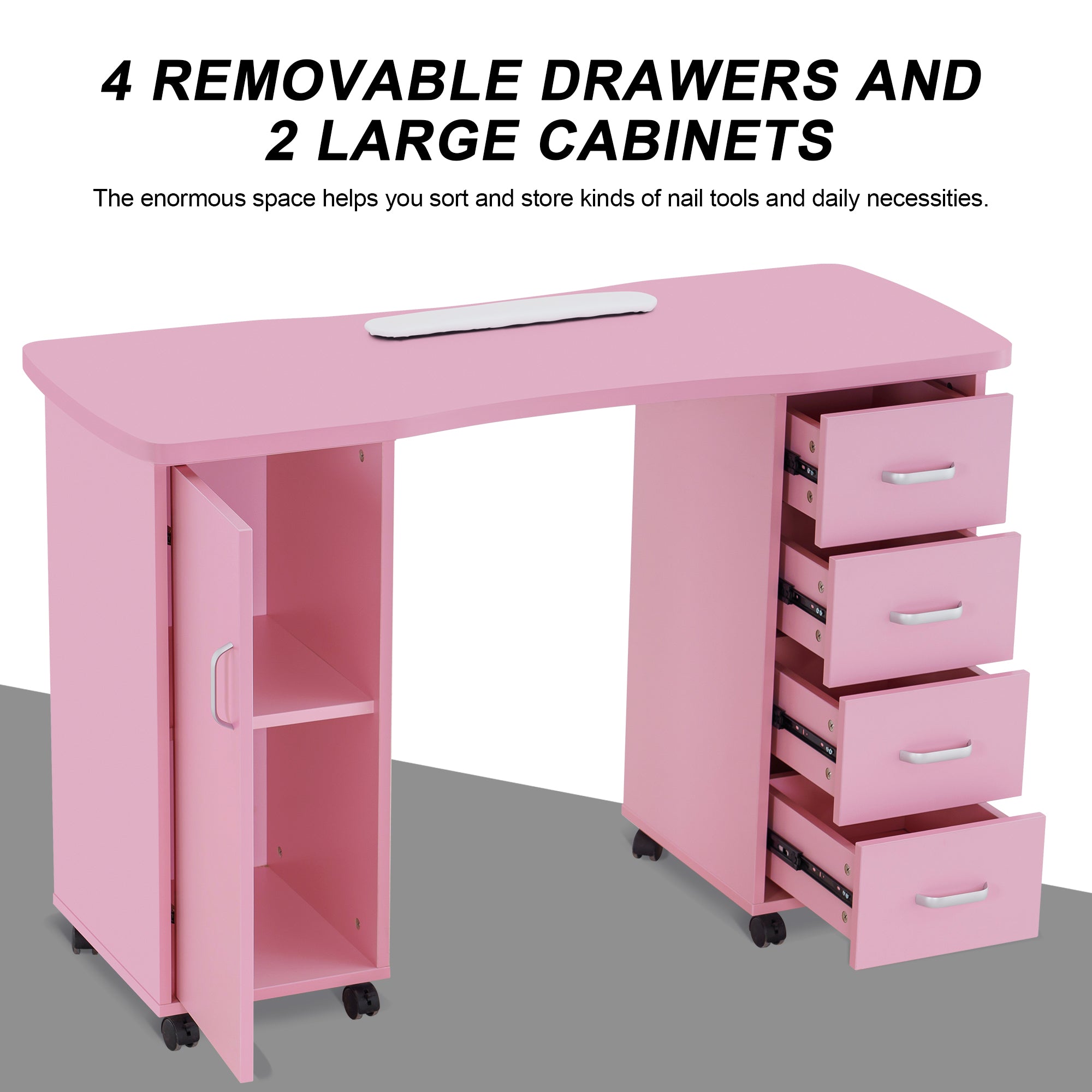 Manicure Acetone Resistant Table with Lockable Wheels, Nail Art Station for Storage 0611