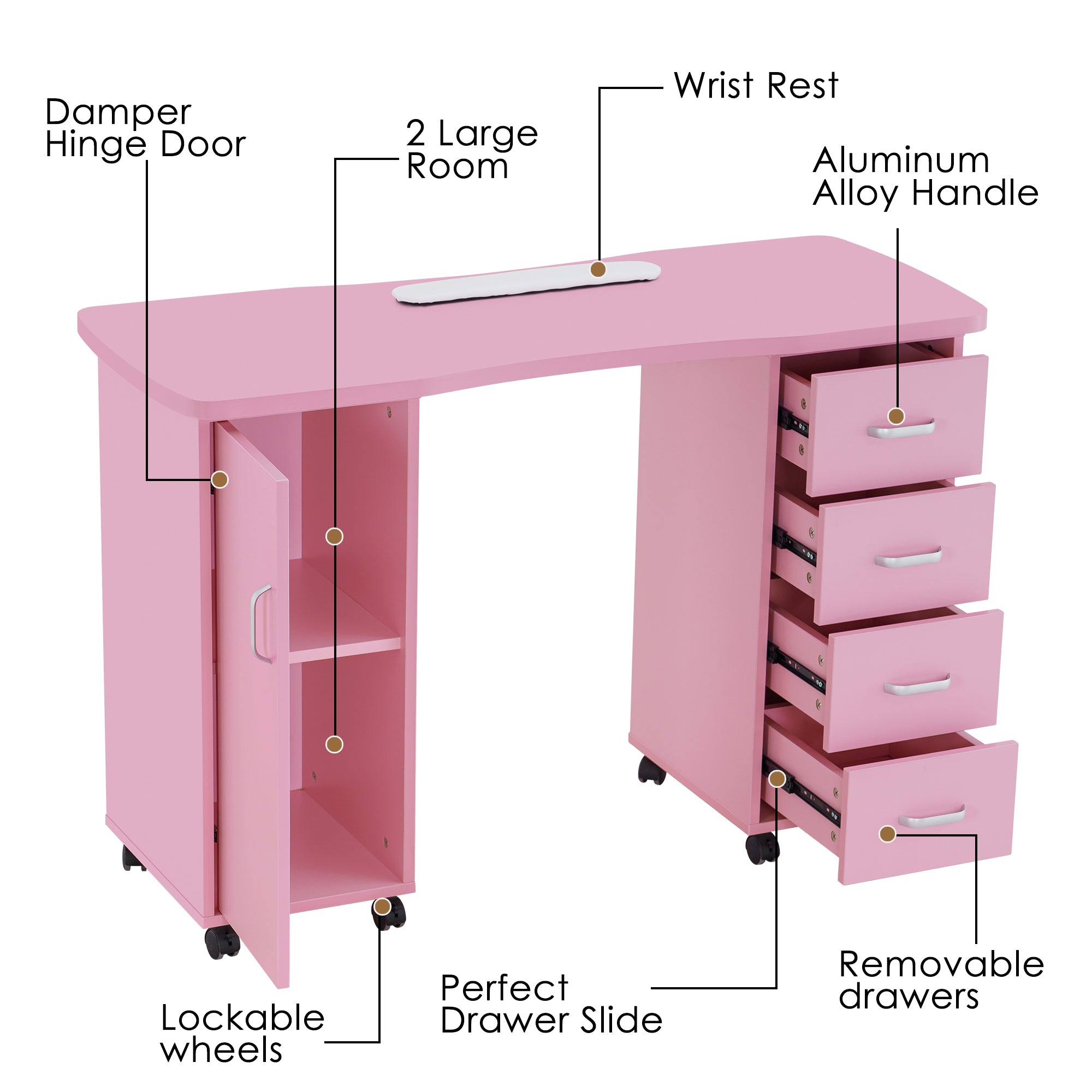 Manicure Acetone Resistant Table with Lockable Wheels, Nail Art Station for Storage 0611