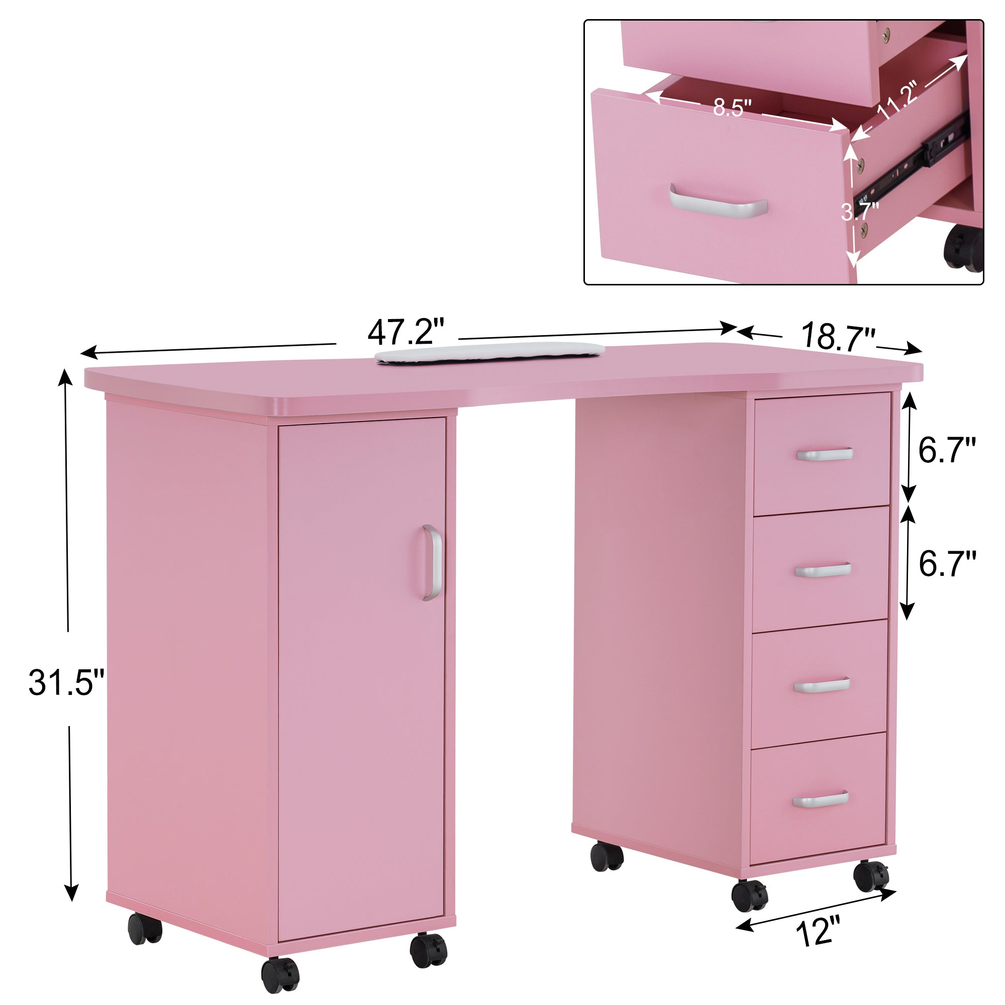 Manicure Acetone Resistant Table with Lockable Wheels, Nail Art Station for Storage 0611