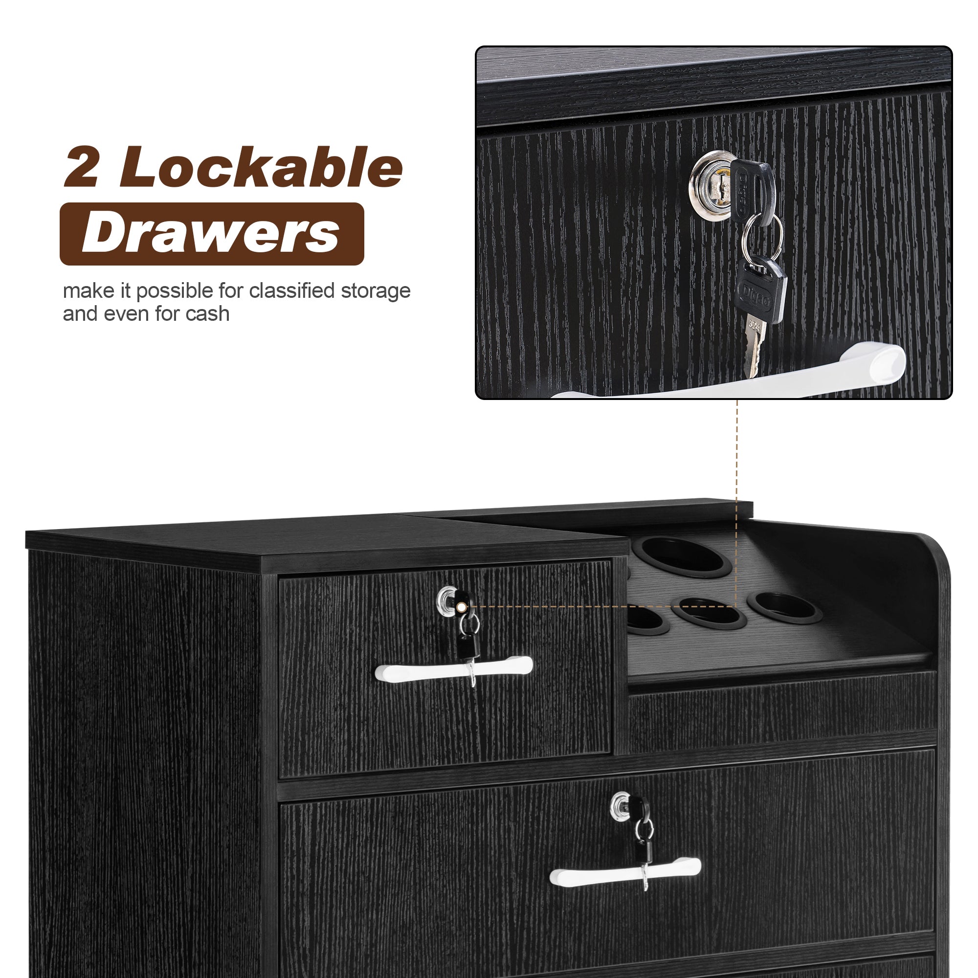 Hair Salon Storage Station with Lockable Drawer & Cabinet, Utility Barber Equipment with Tool Holders 2032