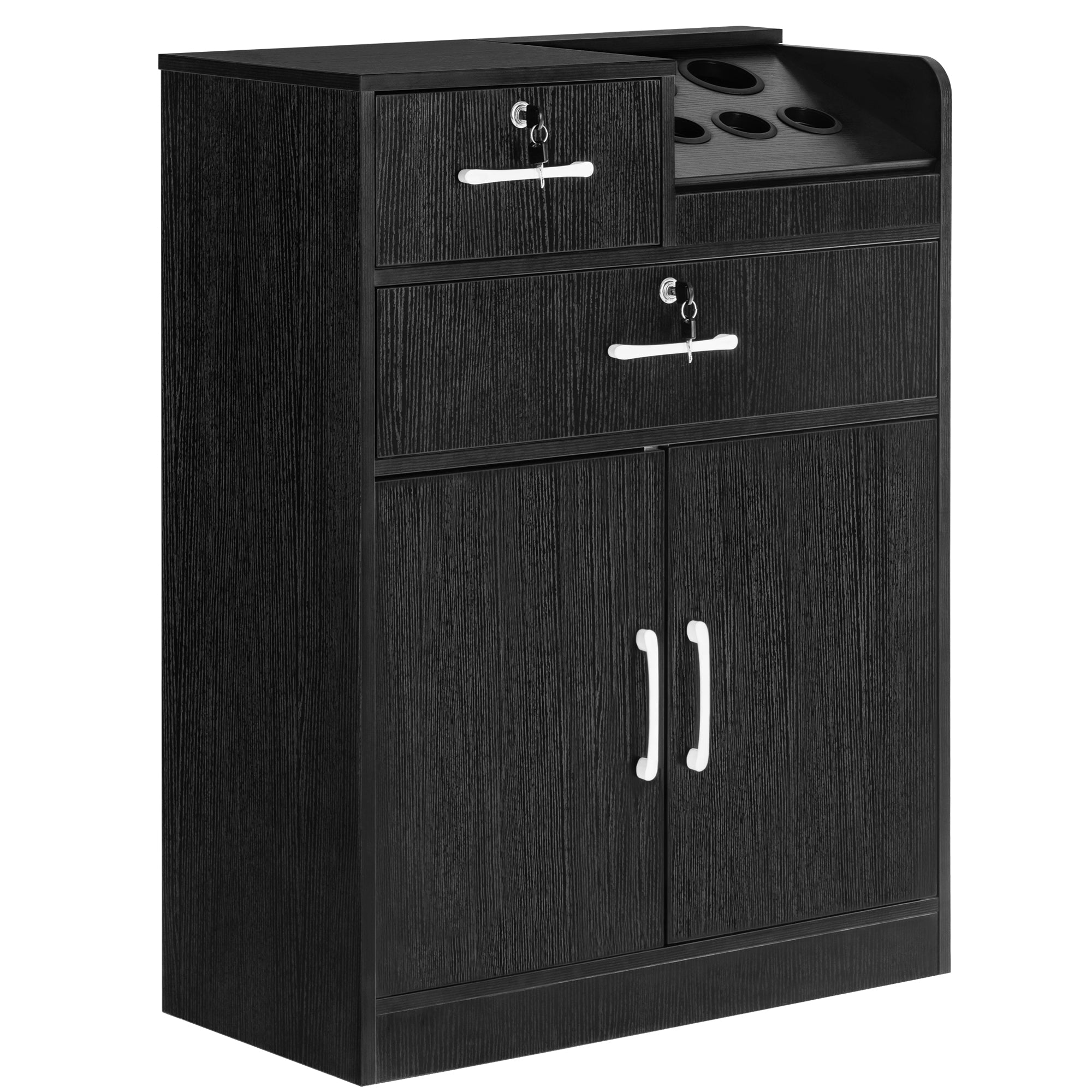 Hair Salon Storage Station with Lockable Drawer & Cabinet, Utility Barber Equipment with Tool Holders 2032