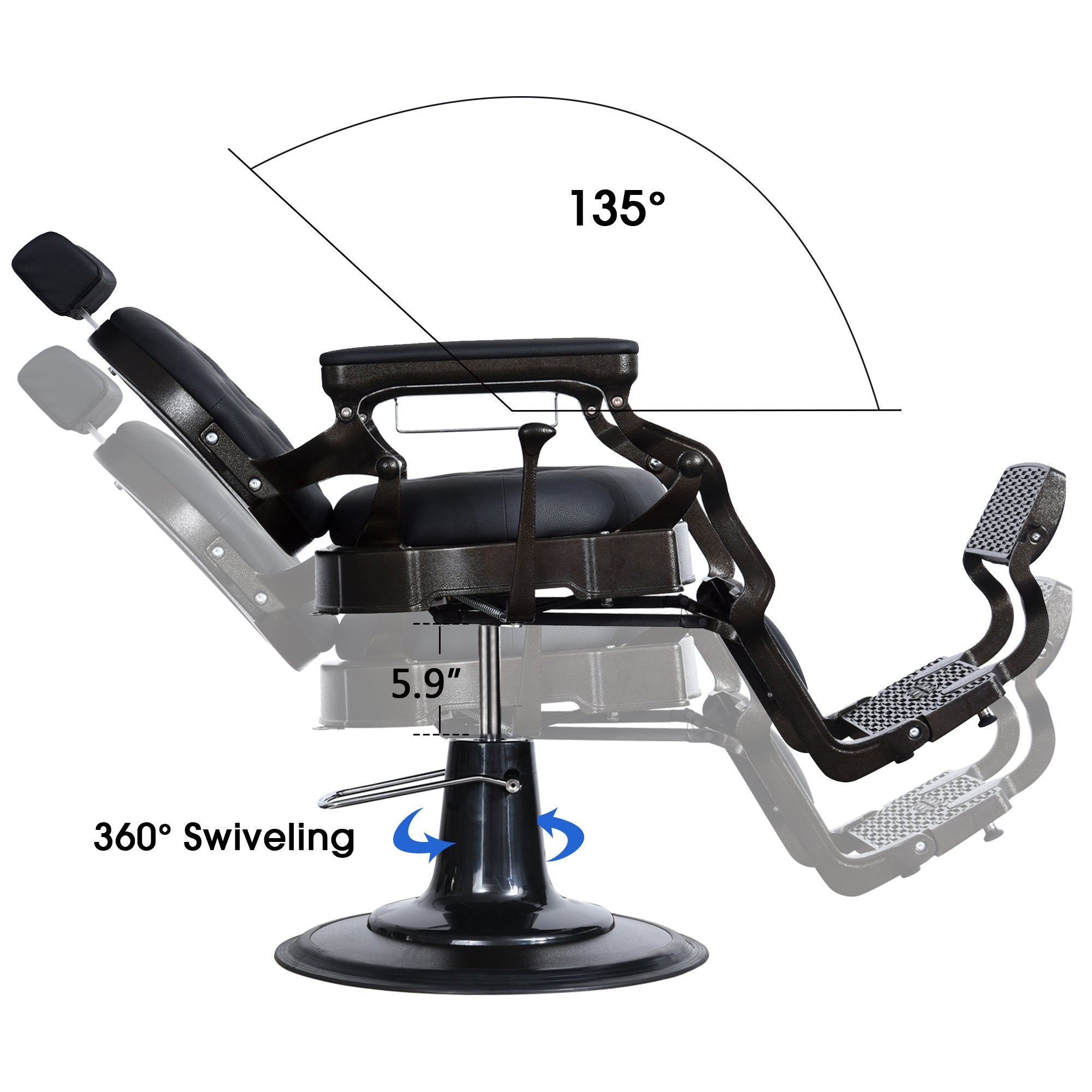 BarberPub Vintage Barber Chair, Heavy Duty Metal Frame Reclining All Purpose Chair 2947