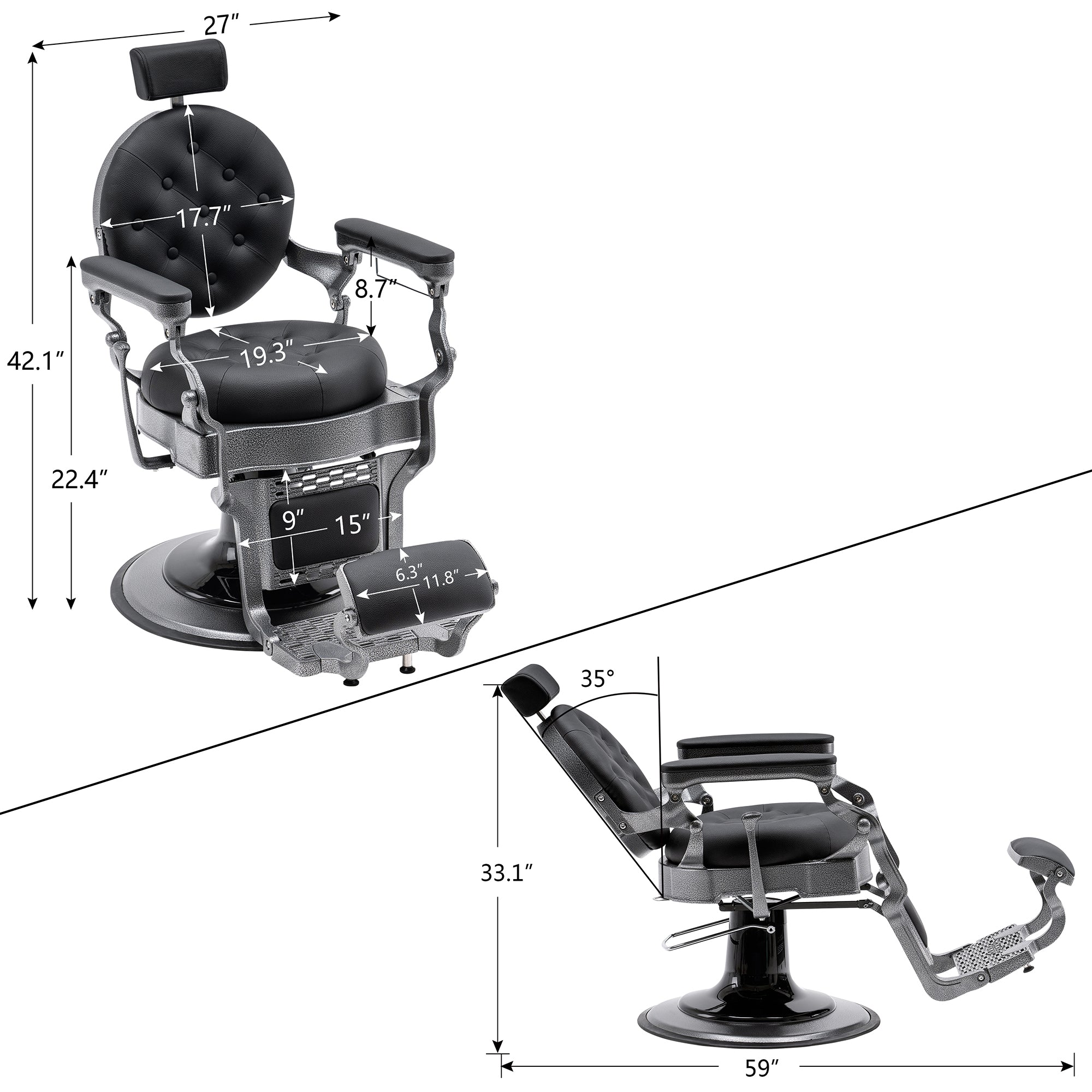 BarberPub Vintage Barber Chair, Heavy Duty Metal Frame Reclining All Purpose Chair 2947