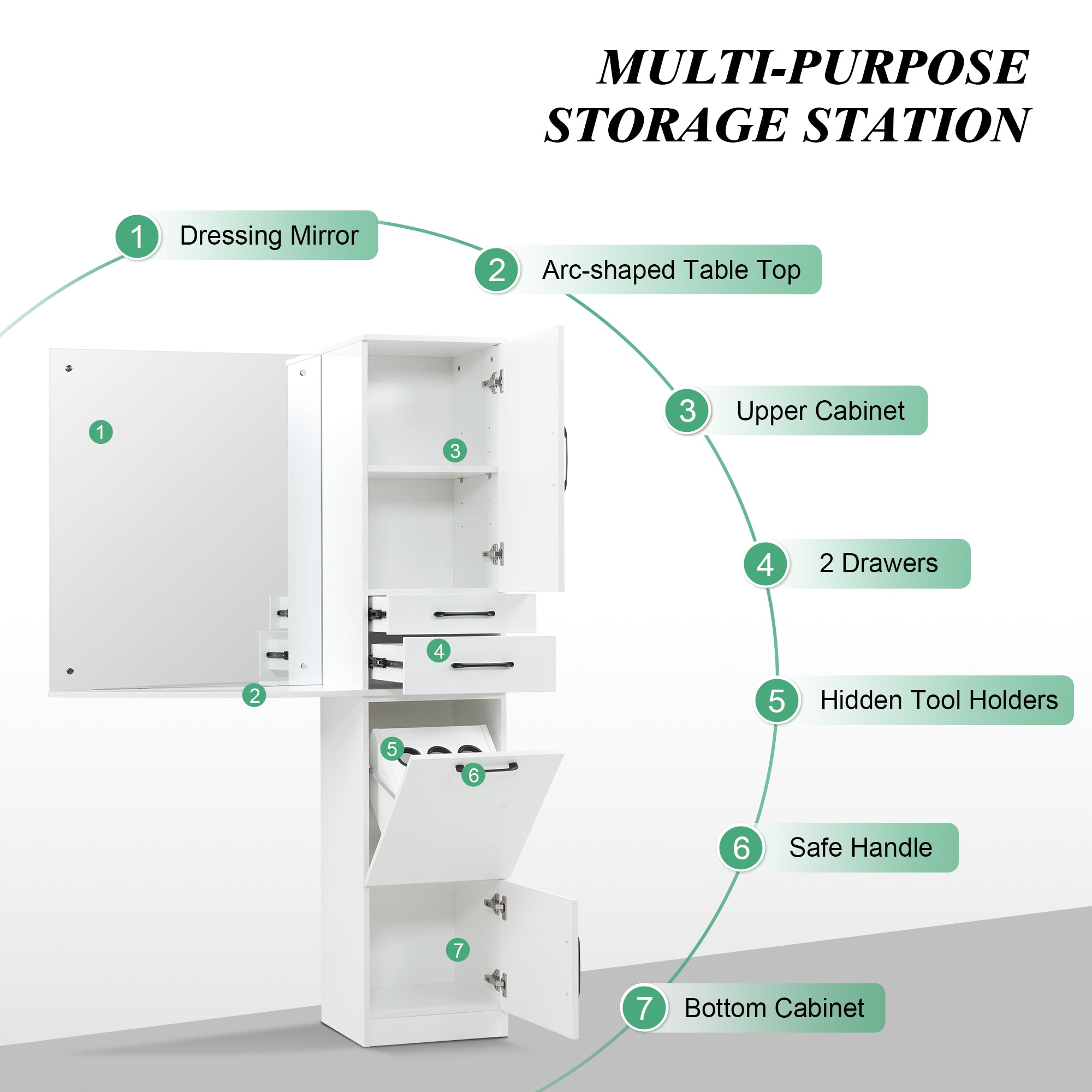 Modern Wall Mount Mirror Station for Storage, Hair Salon Cabinet with Hair Dryer Holders 3034