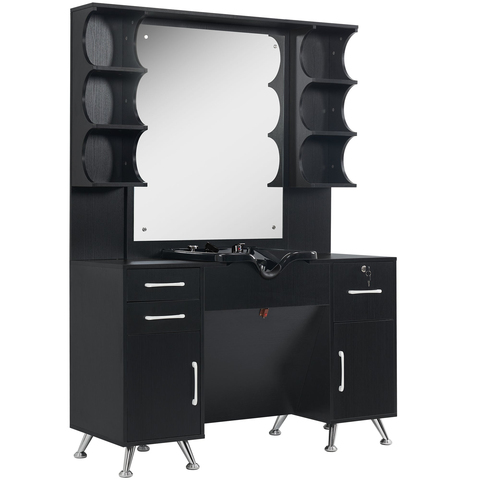 BarberPub Backwash Shampoo Bowl Cabinet, Barber Wall Mount Station with Mirror 3141