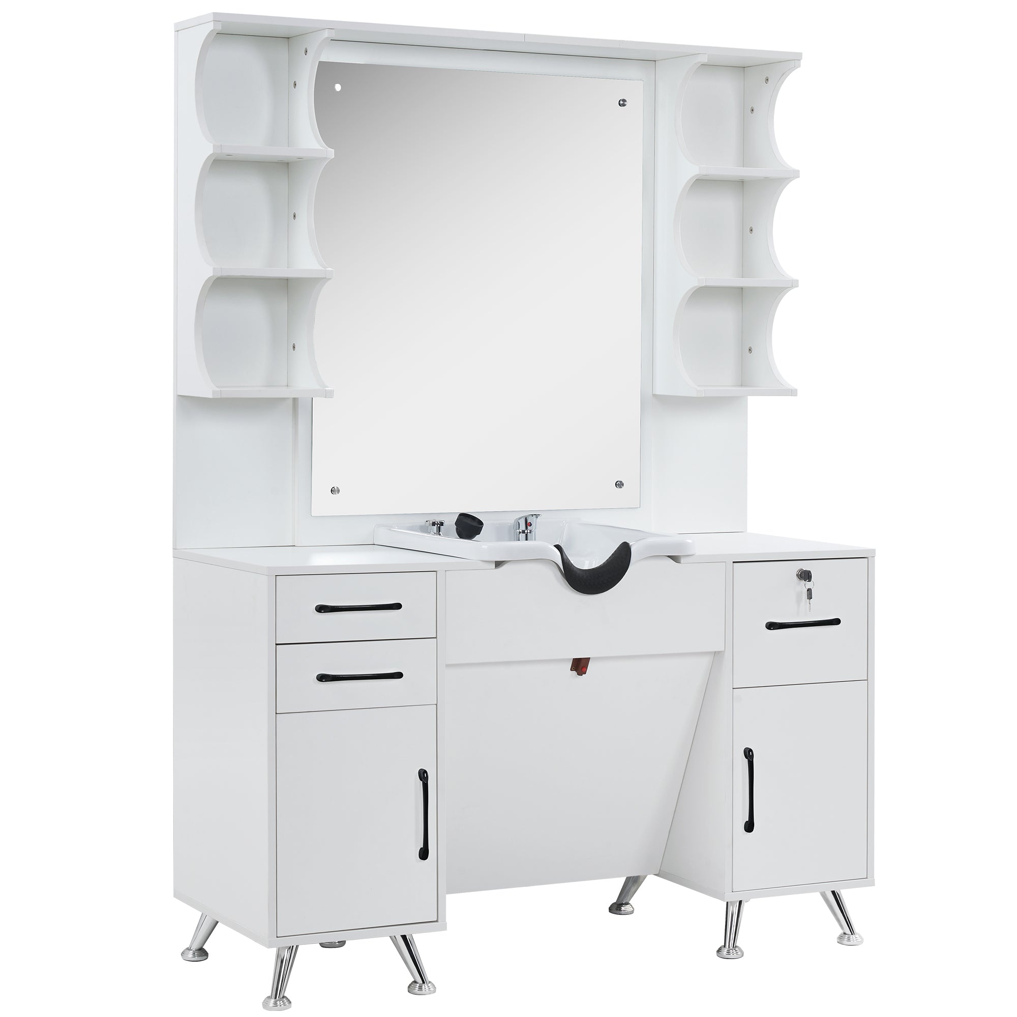 BarberPub Backwash Shampoo Bowl Cabinet, Barber Wall Mount Station with Mirror 3141