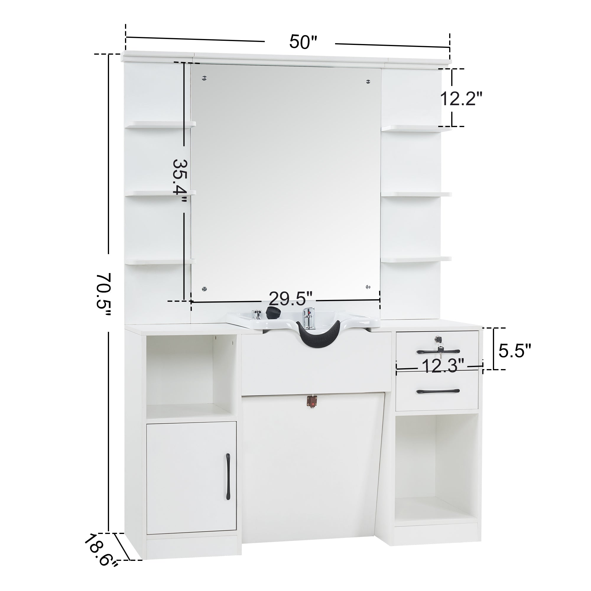 BarberPub Barber Wall Mount Station with Shampoo Bowl High-end Styling Furniture Set 3145