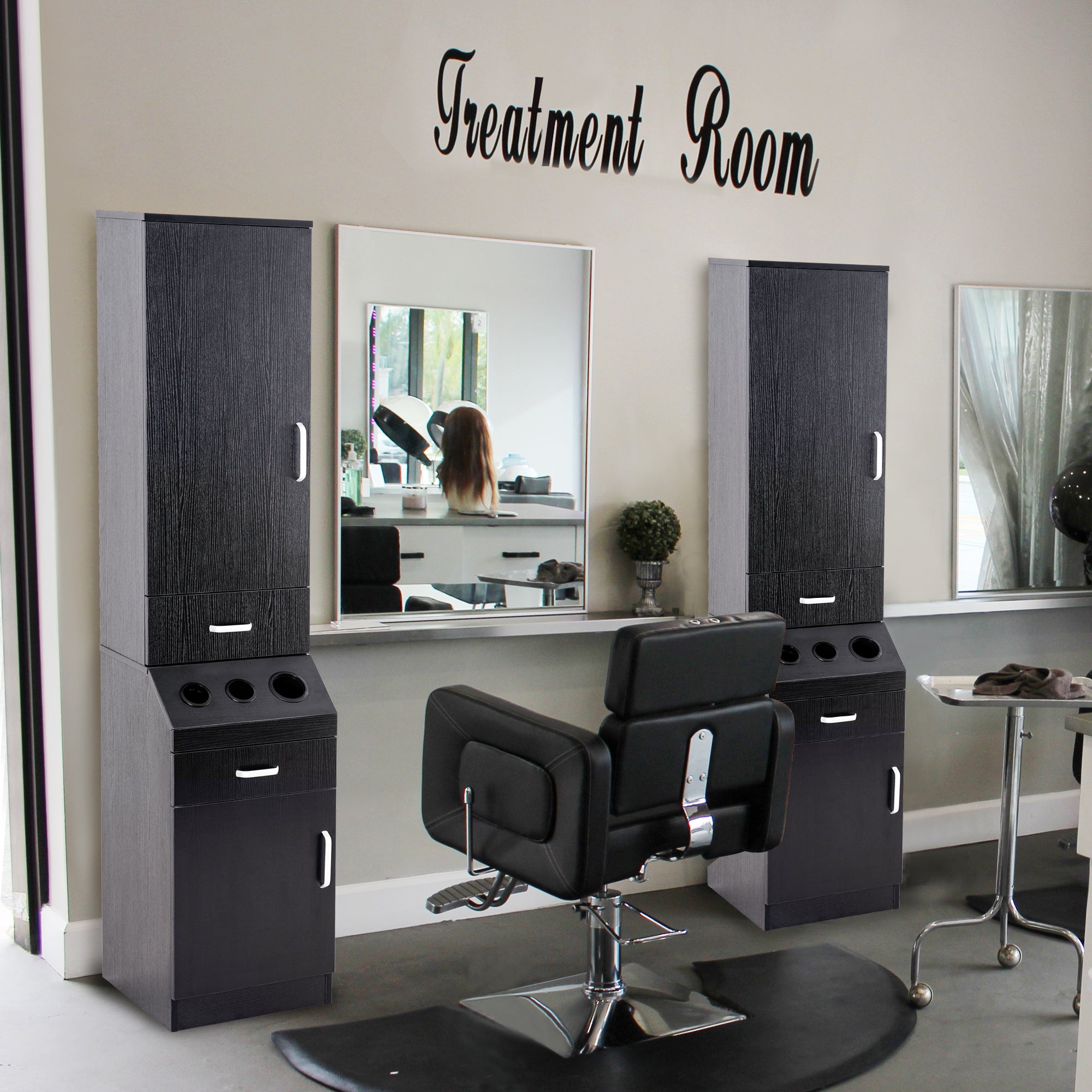 Wall Mount Styling Station for Storage, Black Barber Salon Equipment with Hair Dryer Holder 3207