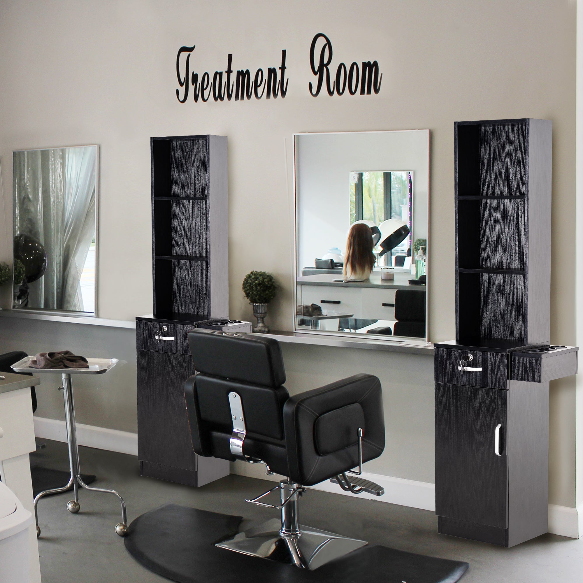 Wall Mount Styling Station with Tool Holders, Hair Salon Storage Equipment with Open Shelves 3208