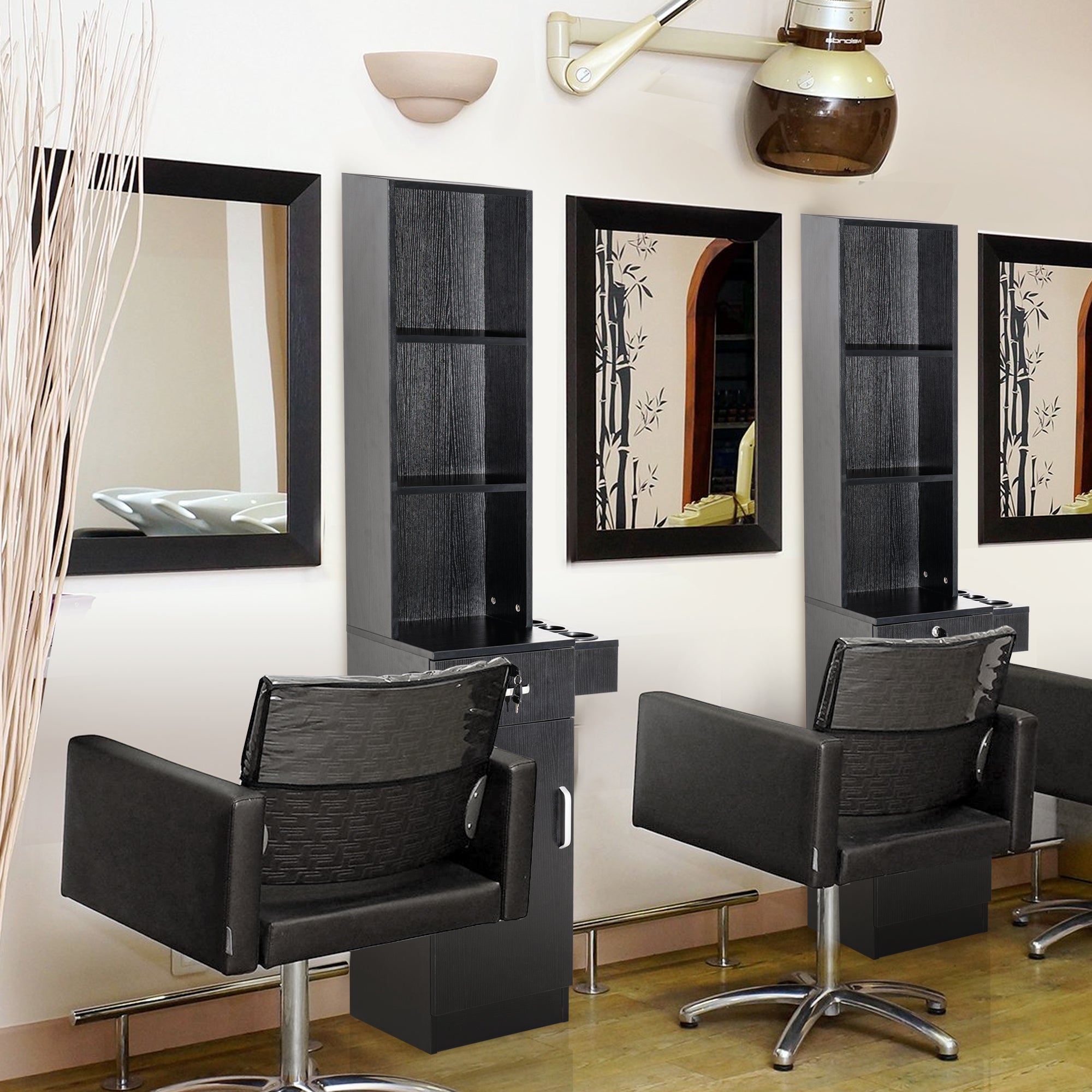 Wall Mount Styling Station with Tool Holders, Hair Salon Storage Equipment with Open Shelves 3208