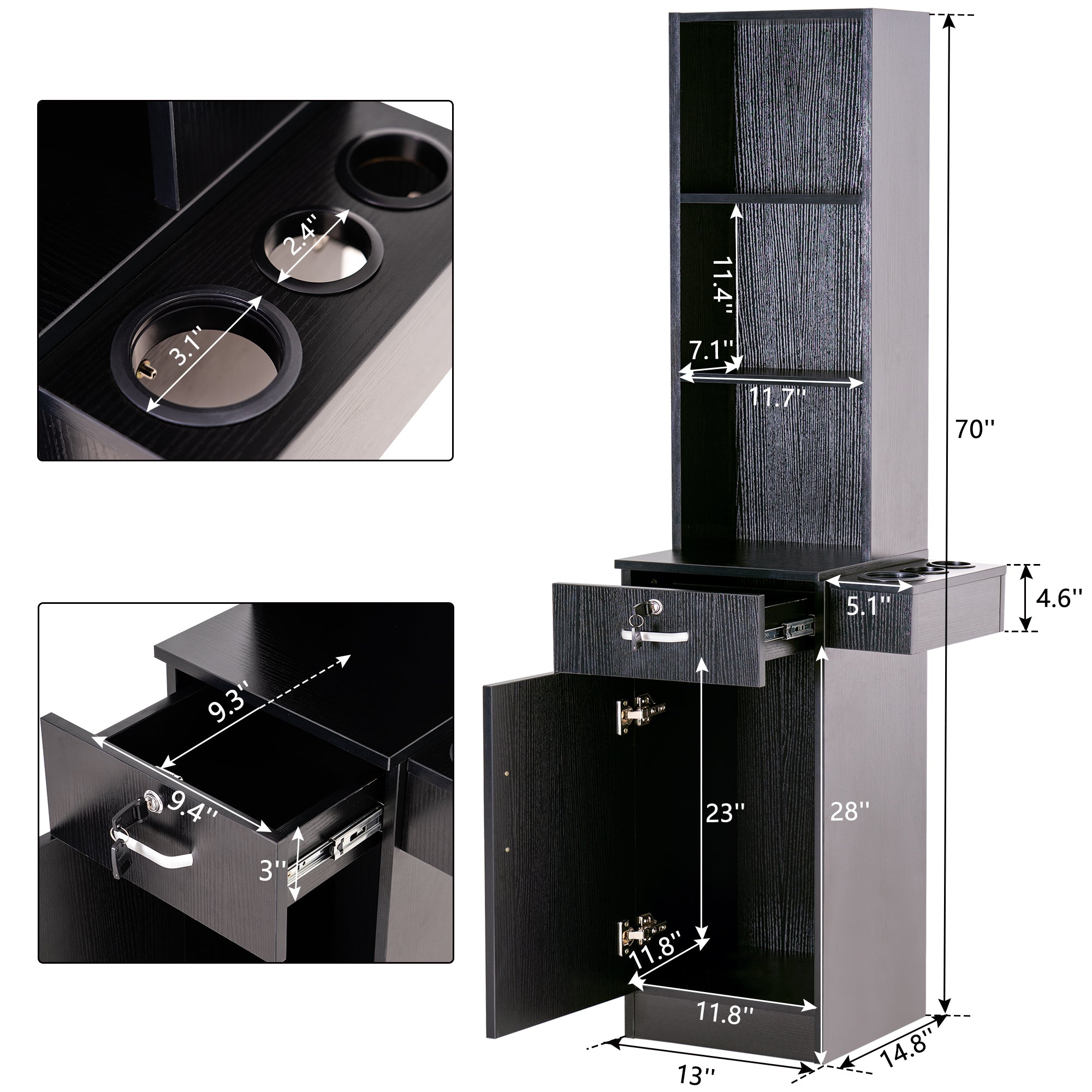 Wall Mount Styling Station with Tool Holders, Hair Salon Storage Equipment with Open Shelves 3208