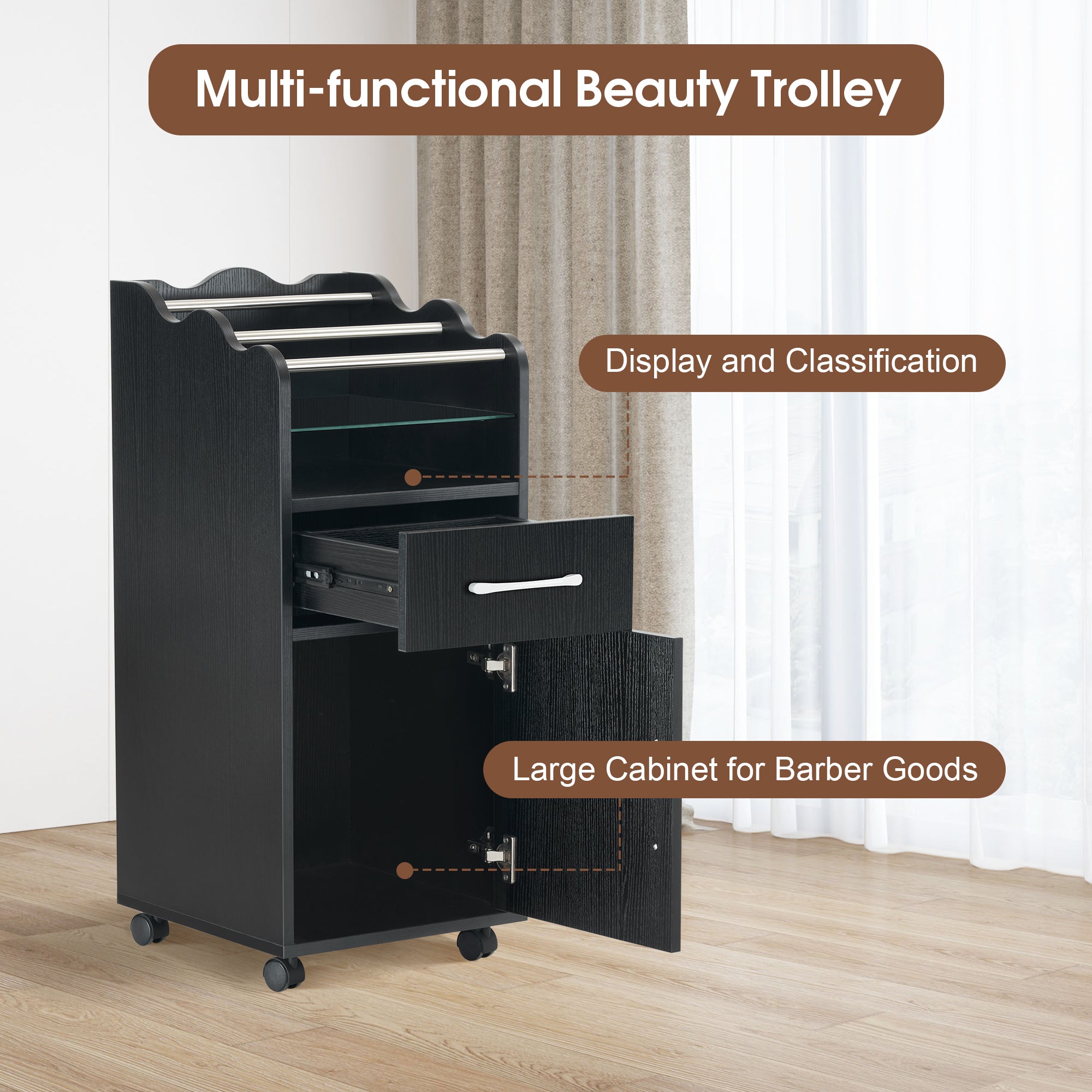 Hair Salon Cart with Stroage Cabinet, Barber Rolling Trolley for Hair Stylist, Beauty Organizer 2013