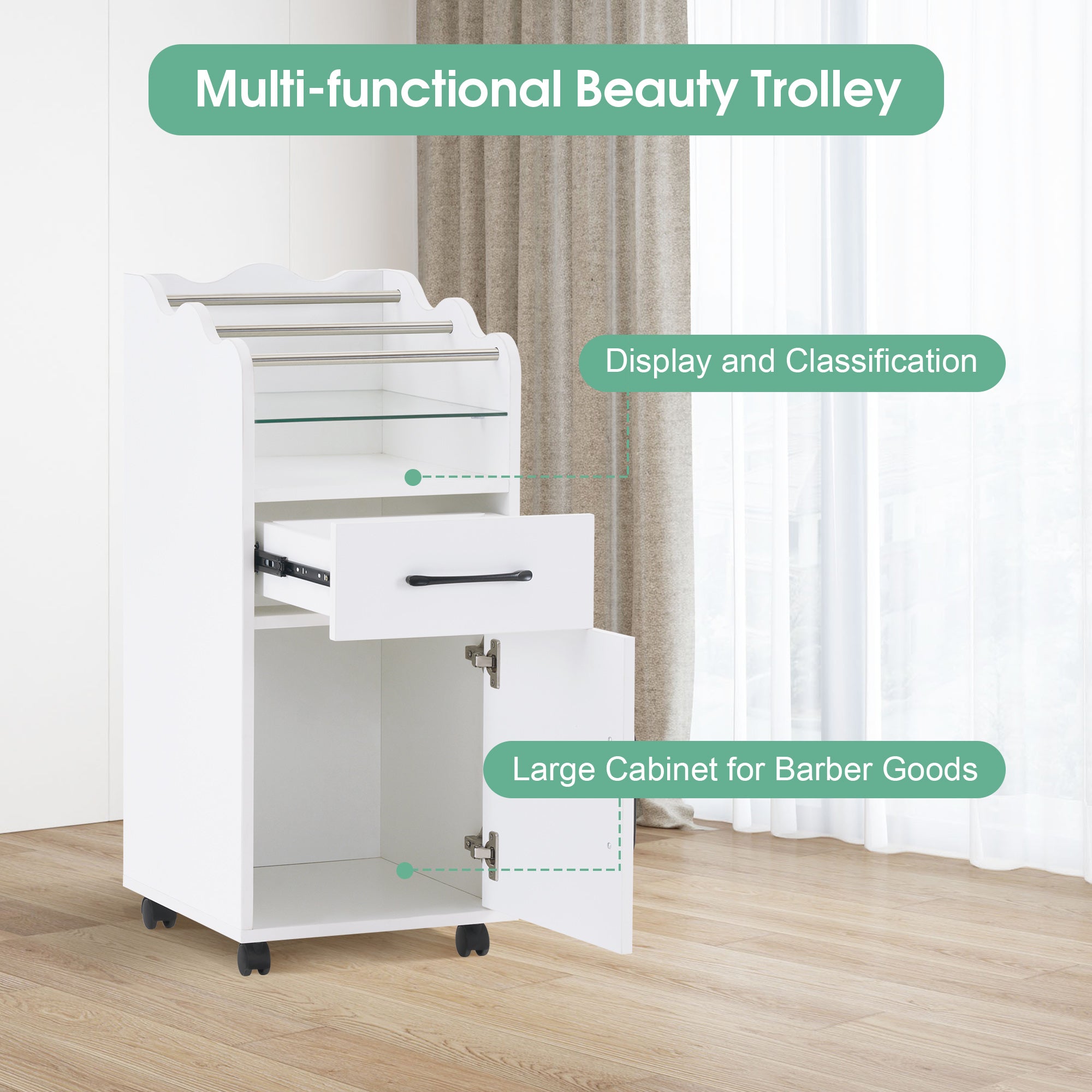 Hair Salon Cart with Stroage Cabinet, Barber Rolling Trolley for Hair Stylist, Beauty Organizer 2013
