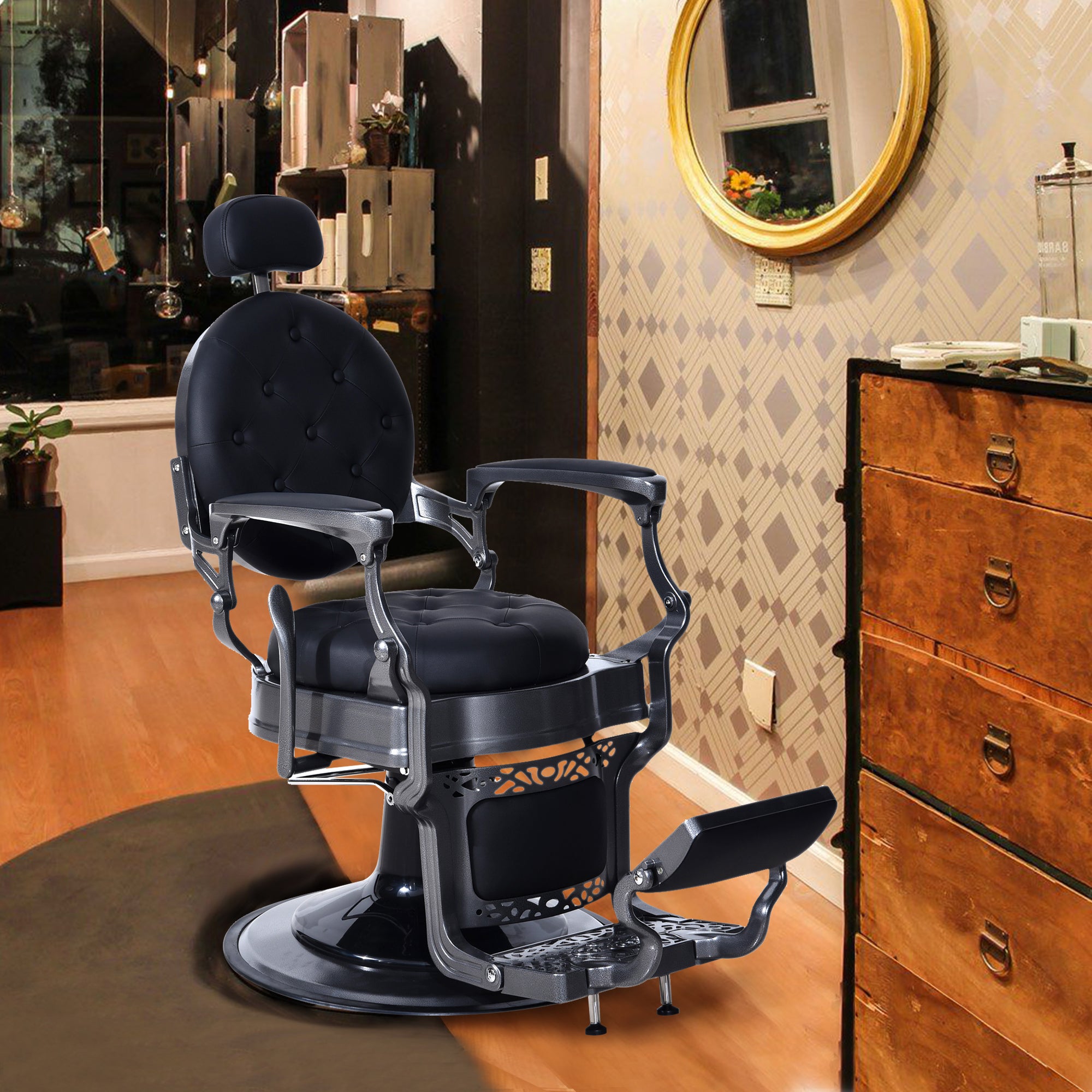 BarberPub Metal Vintage Barber Chair1, Reclining Barbershop Chair with Headrest 3849