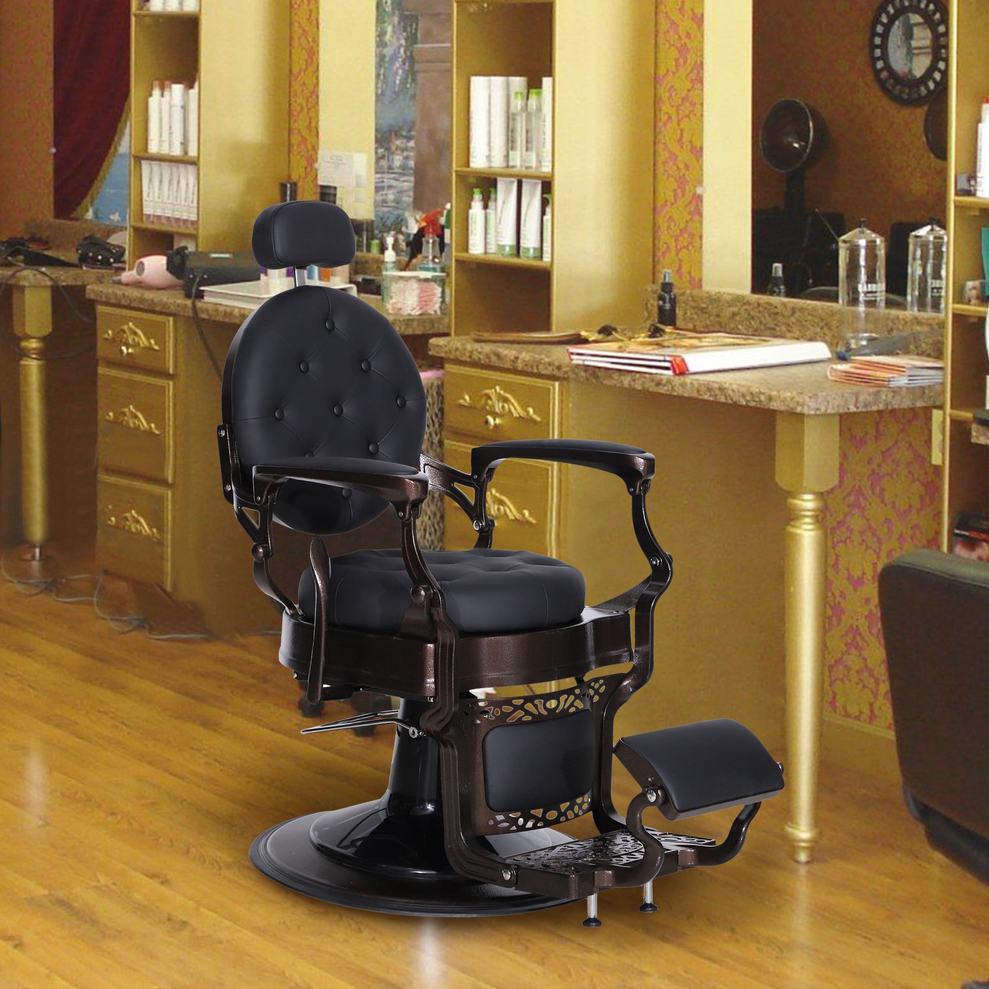 BarberPub Metal Vintage Barber Chair1, Reclining Barbershop Chair with Headrest 3849