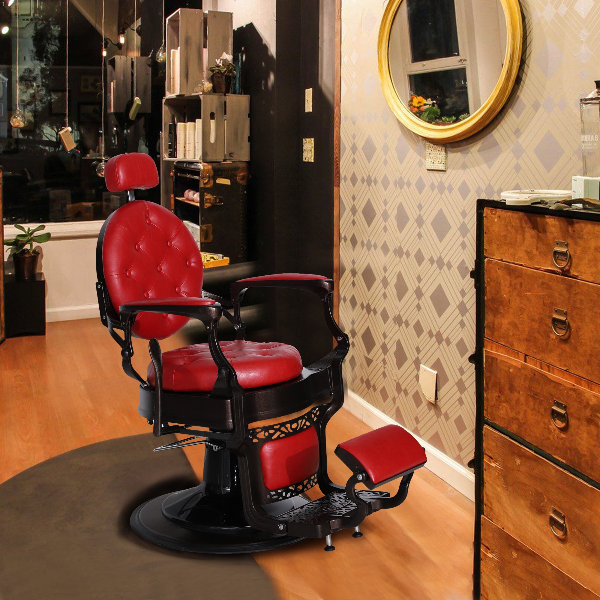 BarberPub Metal Vintage Barber Chair1, Reclining Barbershop Chair with Headrest 3849