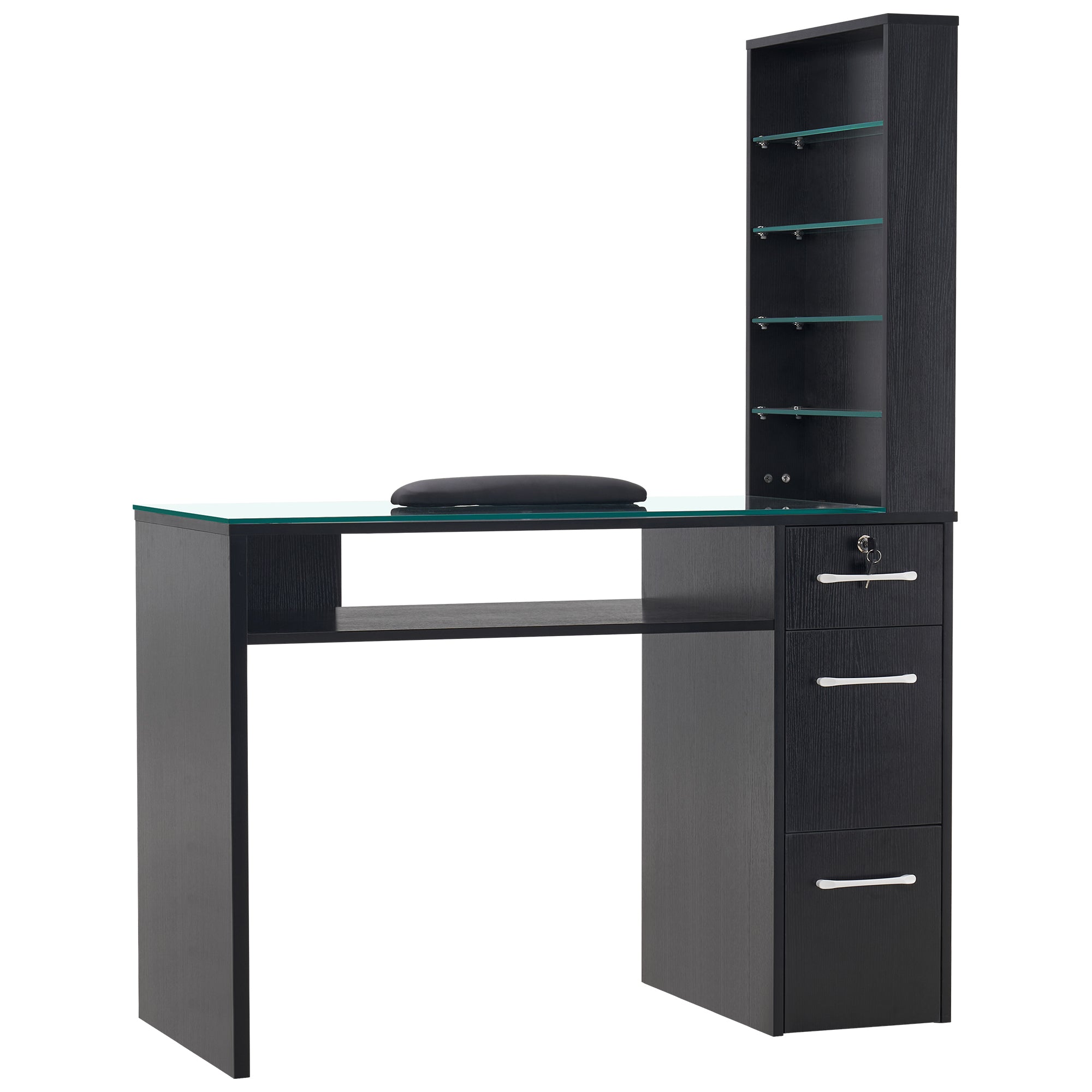 Glass Top Manicure Table With Open Shelves, Nail Tech Desk with Storage Drawers 2673