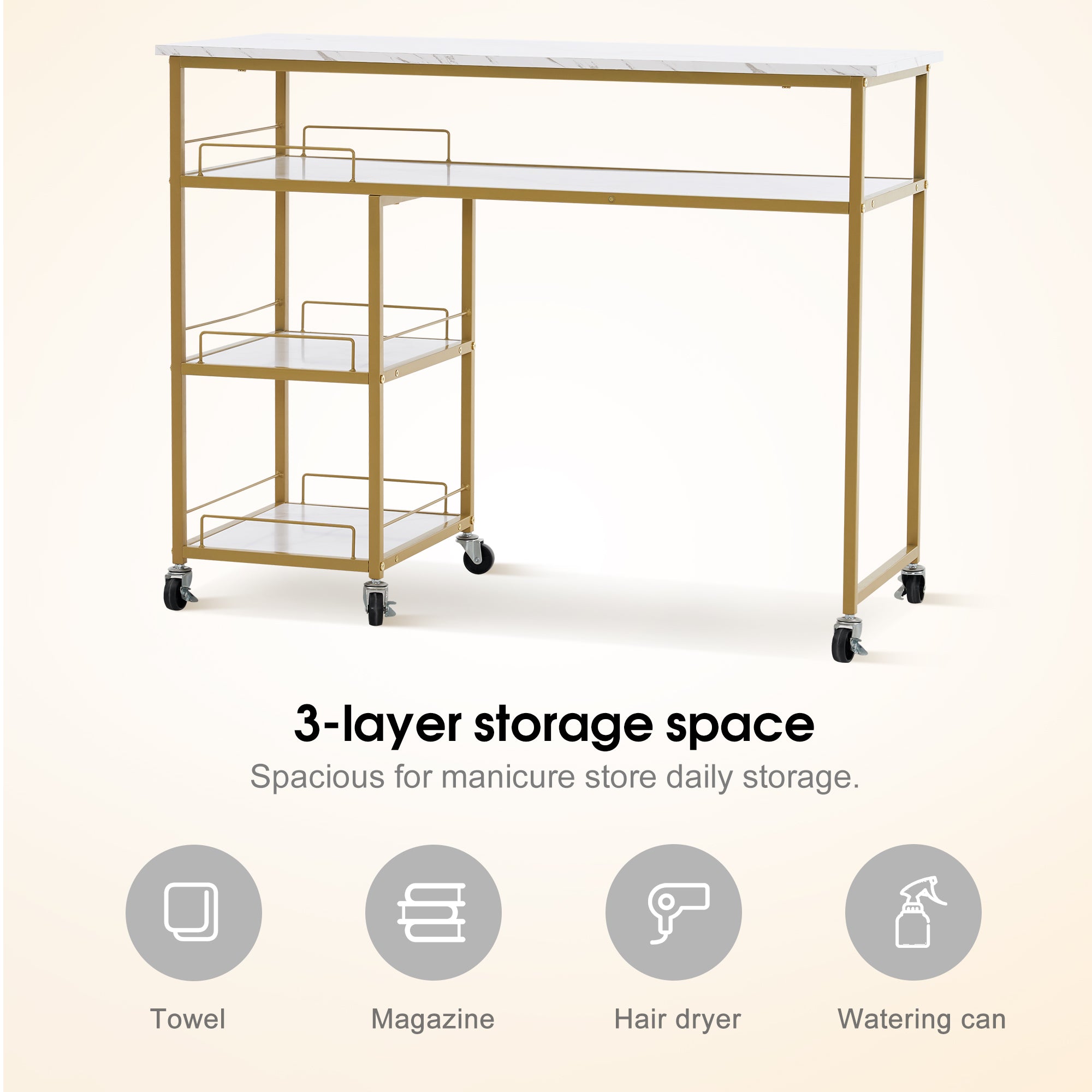 Simple Manicure Table with Rolling Wheels, Modern Marbling Makeup Station 2401