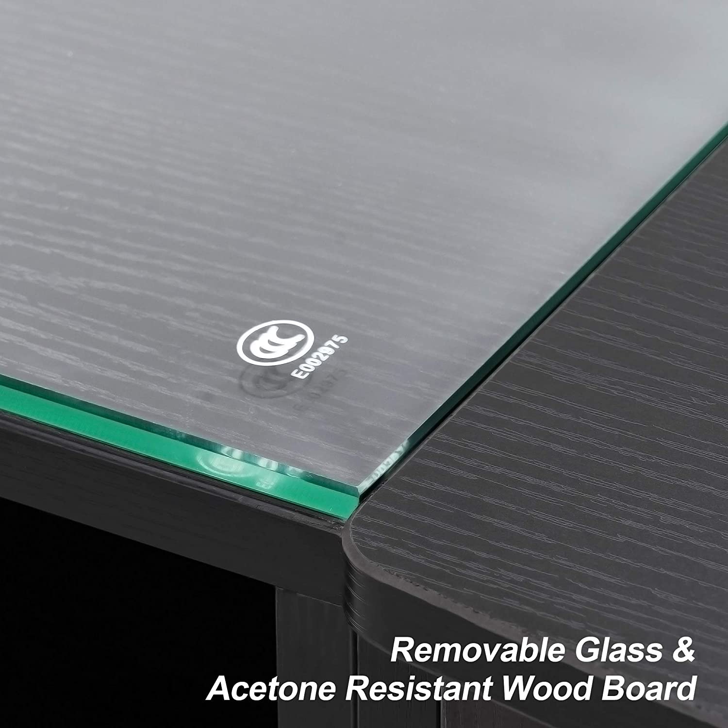 Glass Top Manicure Table With Open Shelves, Nail Tech Desk with Storage Drawers 2673