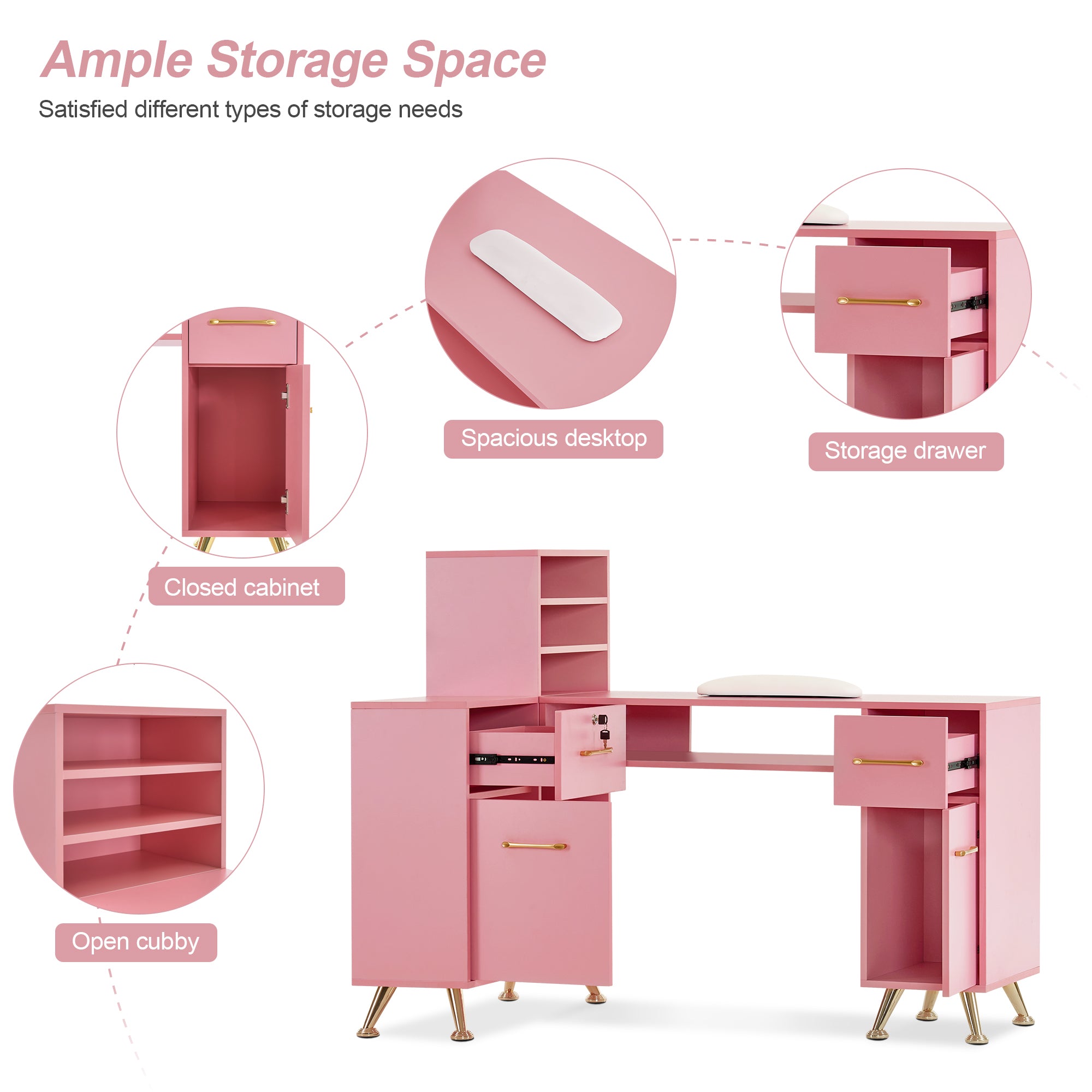 L-Shaped Multi-functional Storage Manicure Table, Beauty Nail Desk with Open Space 2866