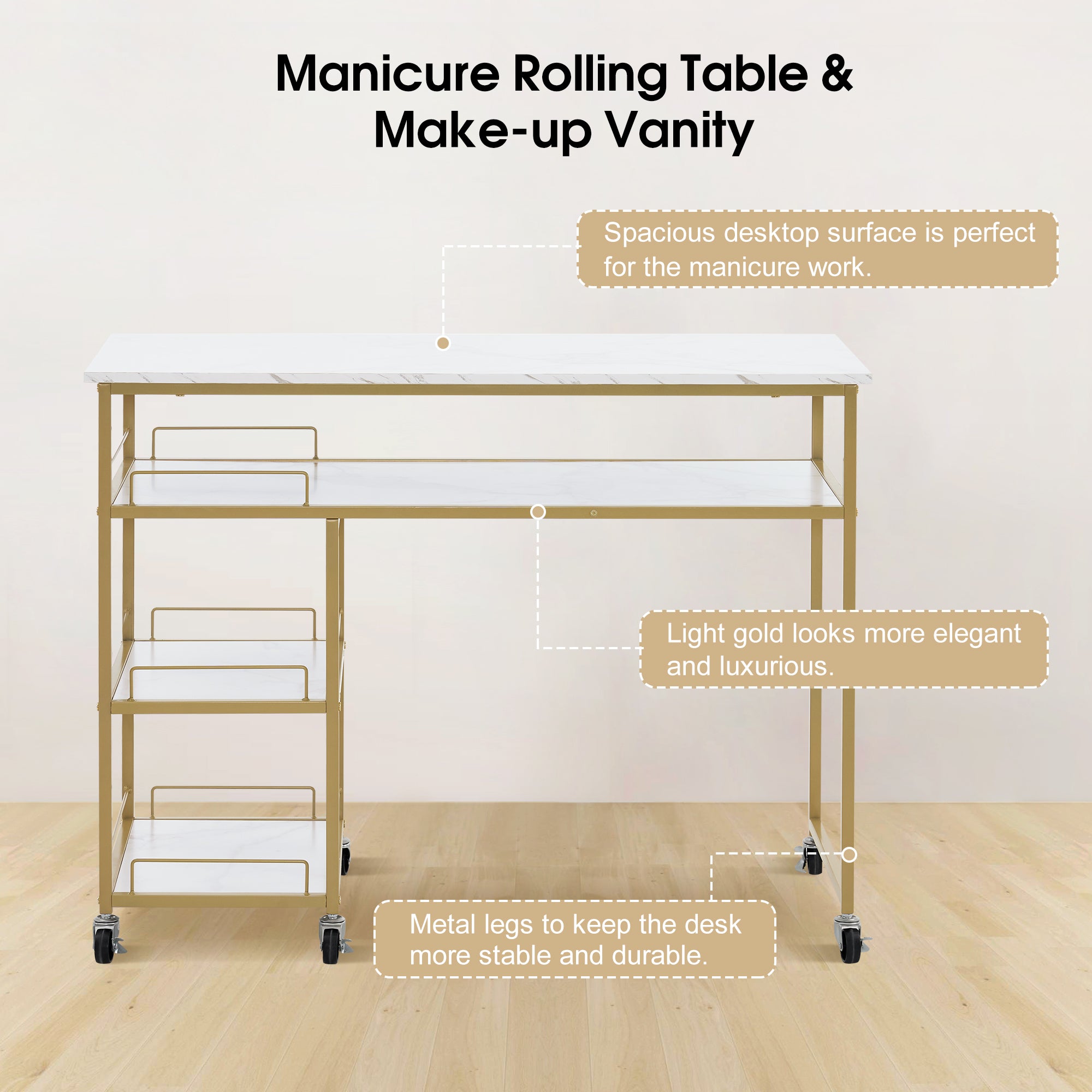 Simple Manicure Table with Rolling Wheels, Modern Marbling Makeup Station 2401