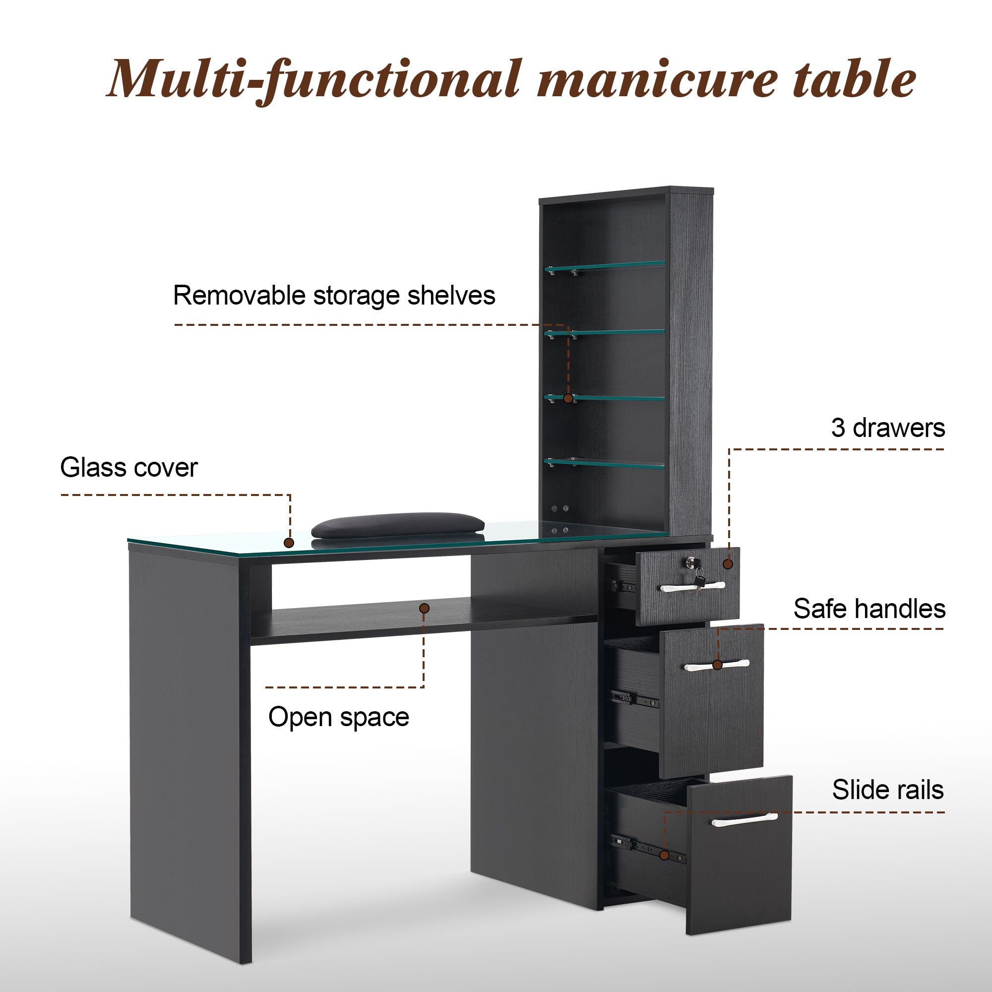 Glass Top Manicure Table With Open Shelves, Nail Tech Desk with Storage Drawers 2673