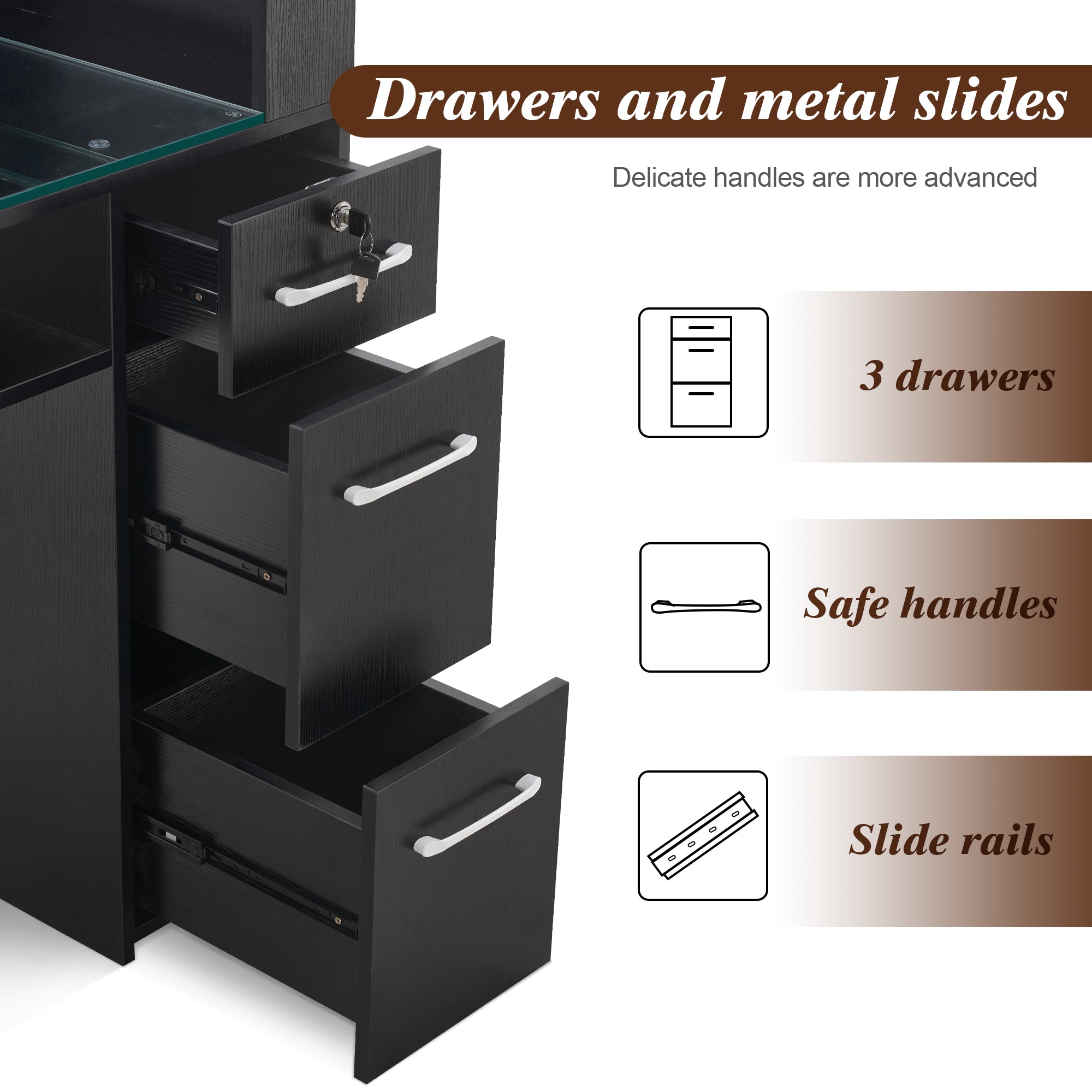 Glass Top Manicure Table With Open Shelves, Nail Tech Desk with Storage Drawers 2673