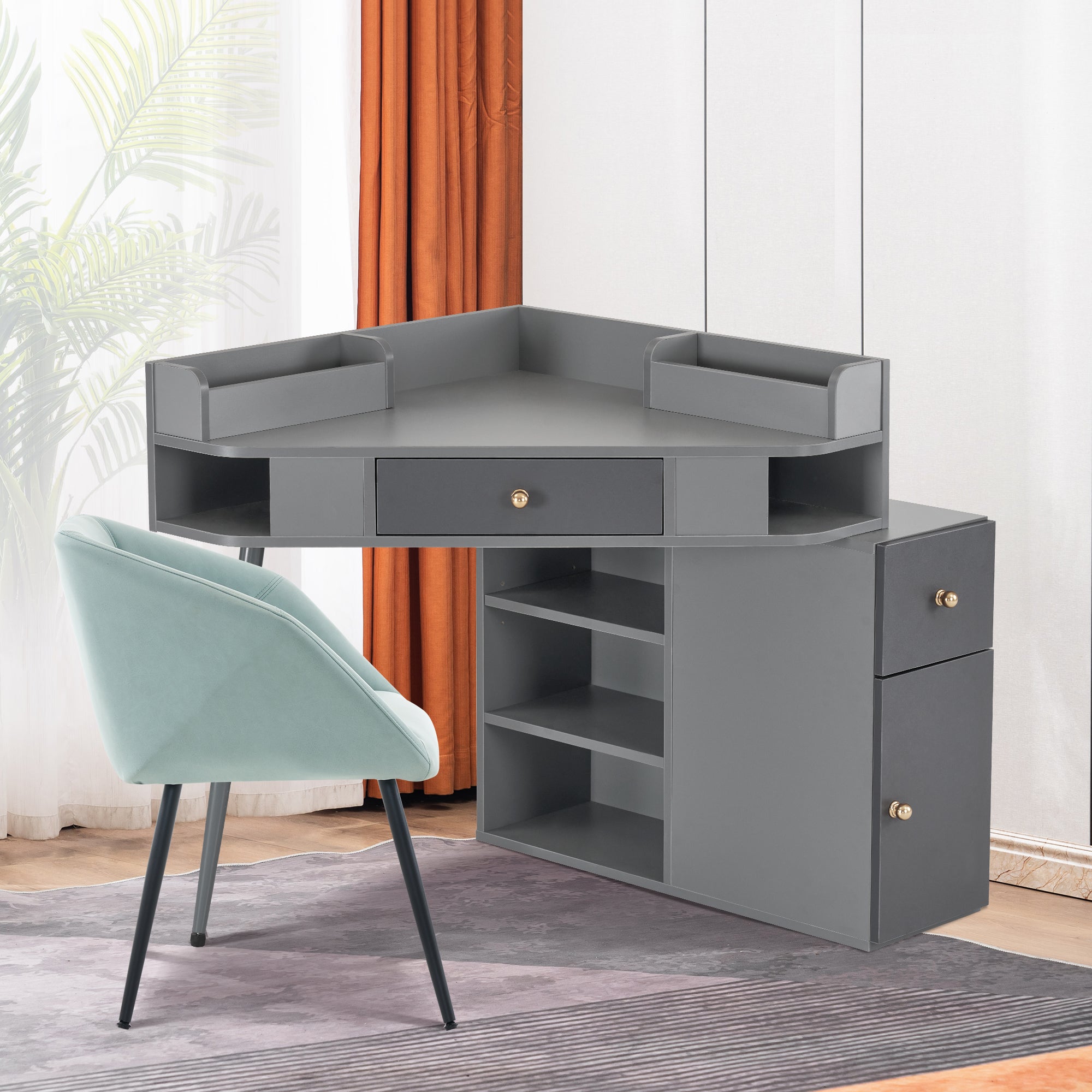 BarberPub Corner Dressing Table with Open Shelves Makeup Reception Station 2822