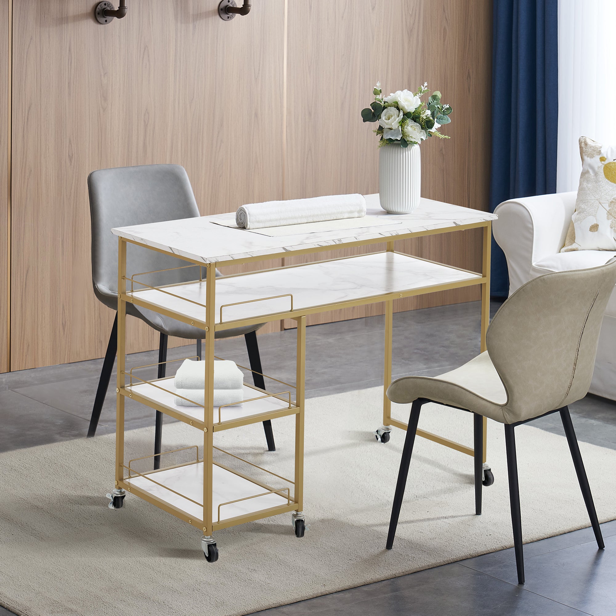 Simple Manicure Table with Rolling Wheels, Modern Marbling Makeup Station 2401