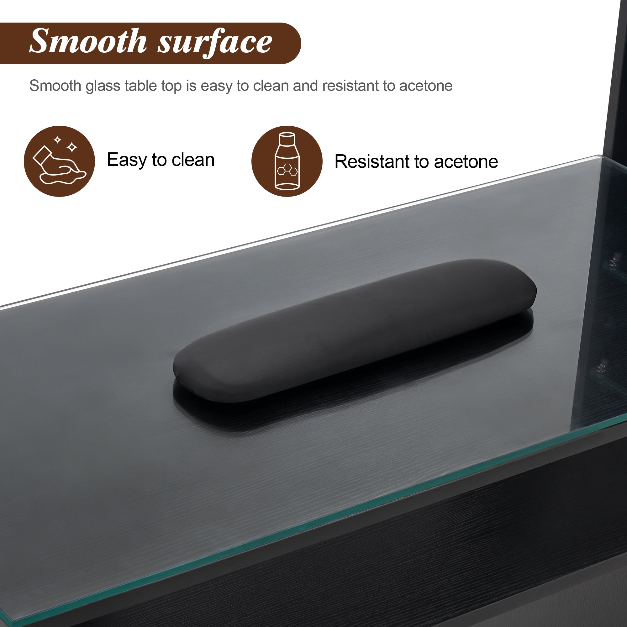 Glass Top Manicure Table With Open Shelves, Nail Tech Desk with Storage Drawers 2673