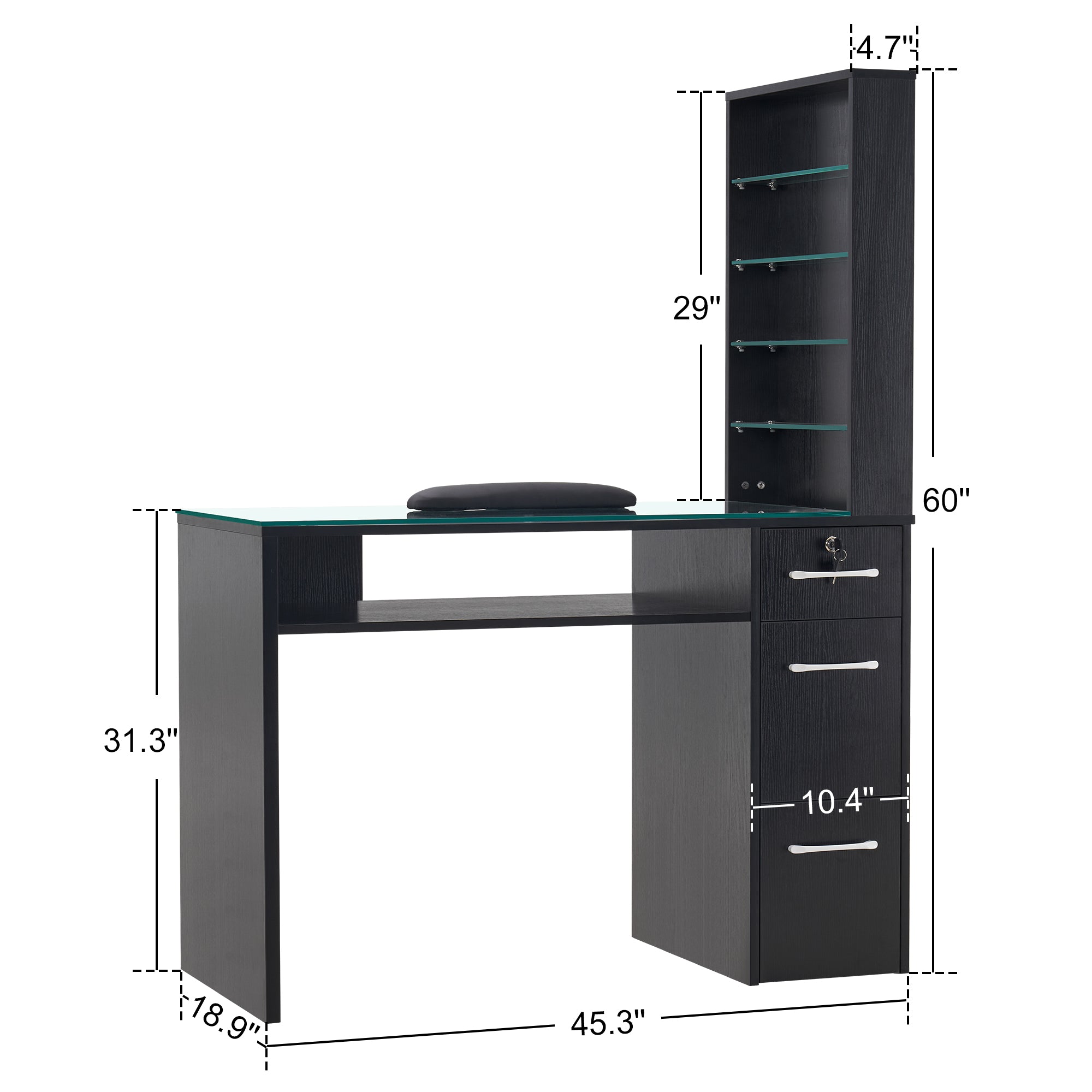 Glass Top Manicure Table With Open Shelves, Nail Tech Desk with Storage Drawers 2673