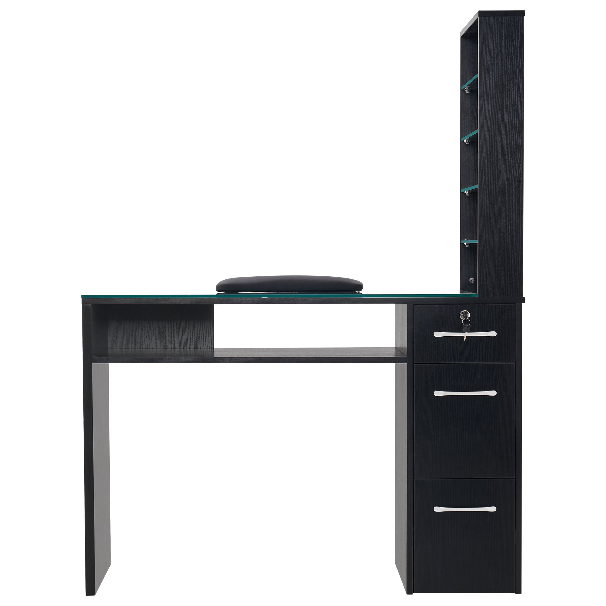 Glass Top Manicure Table With Open Shelves, Nail Tech Desk with Storage Drawers 2673
