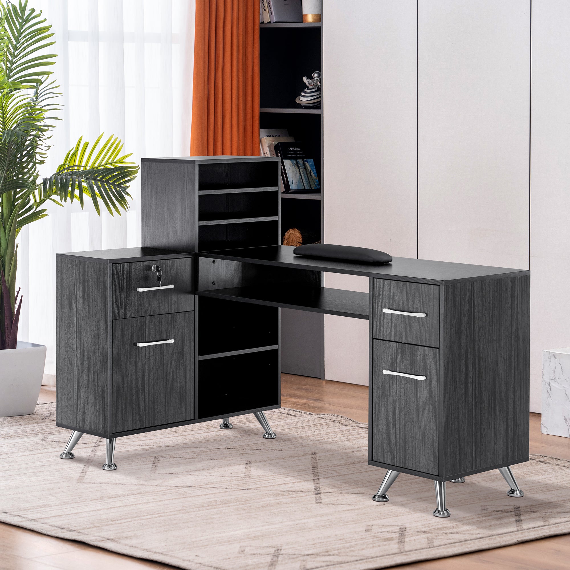 L-Shaped Multi-functional Storage Manicure Table, Beauty Nail Desk with Open Space 2866