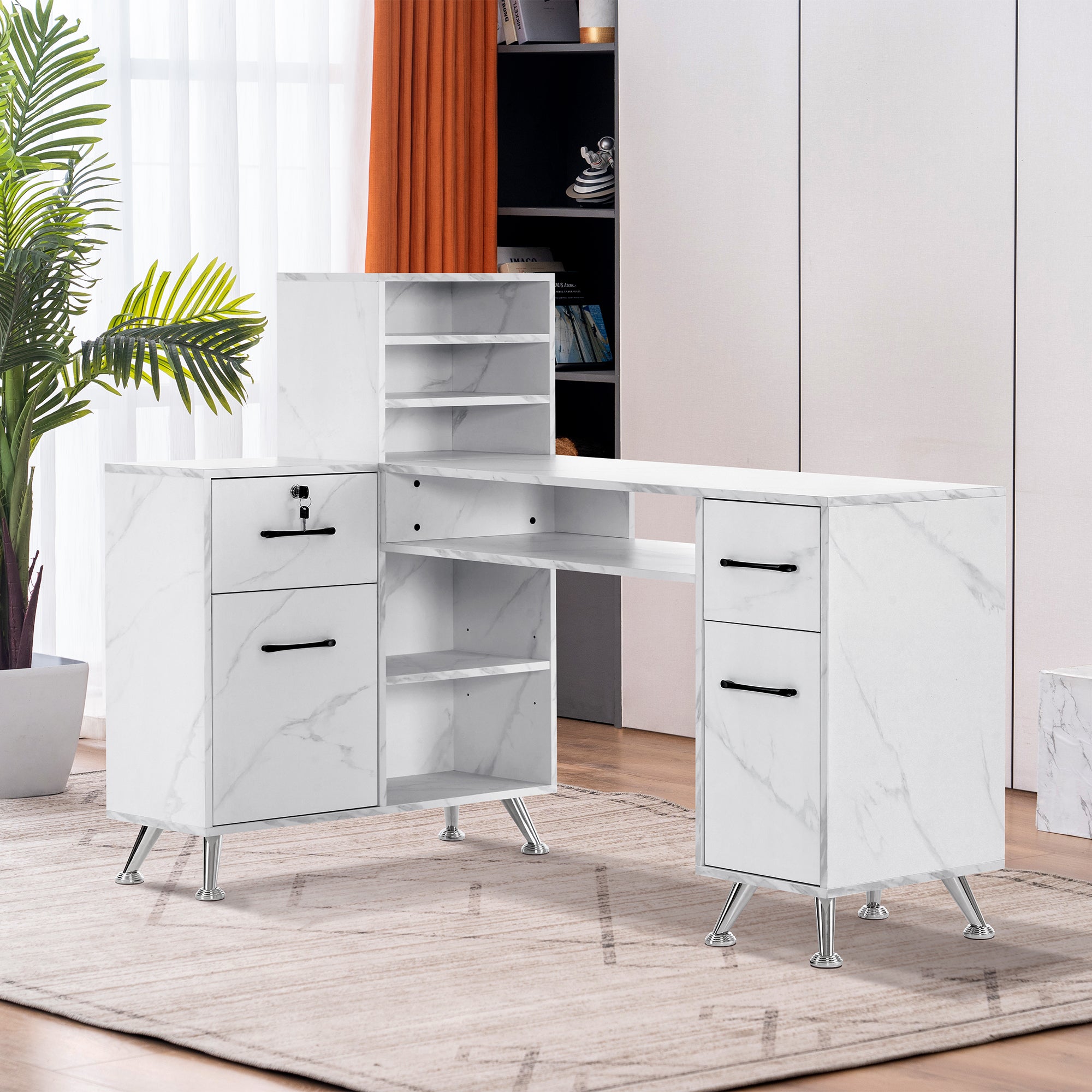 L-Shaped Multi-functional Storage Manicure Table, Beauty Nail Desk with Open Space 2866