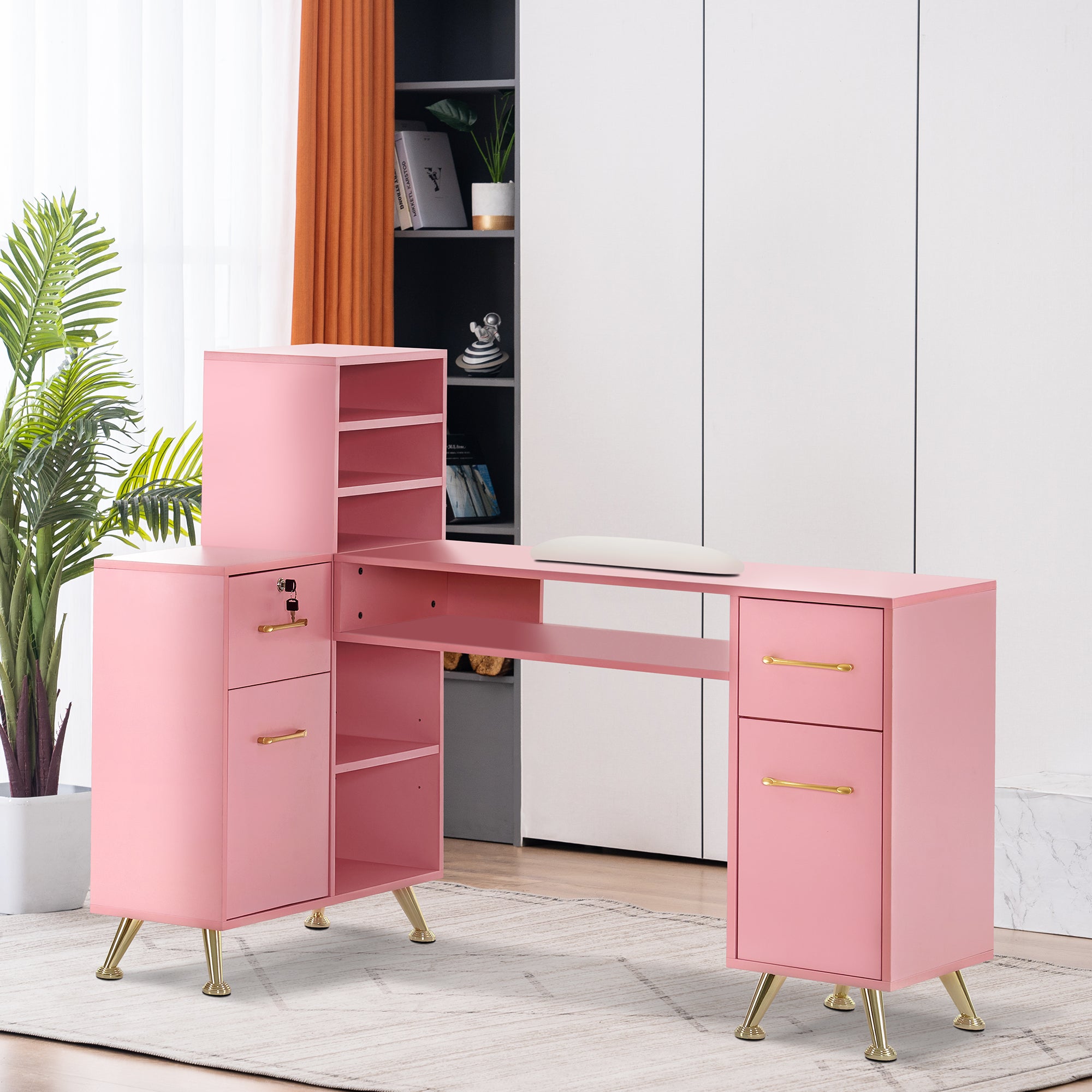 L-Shaped Multi-functional Storage Manicure Table, Beauty Nail Desk with Open Space 2866