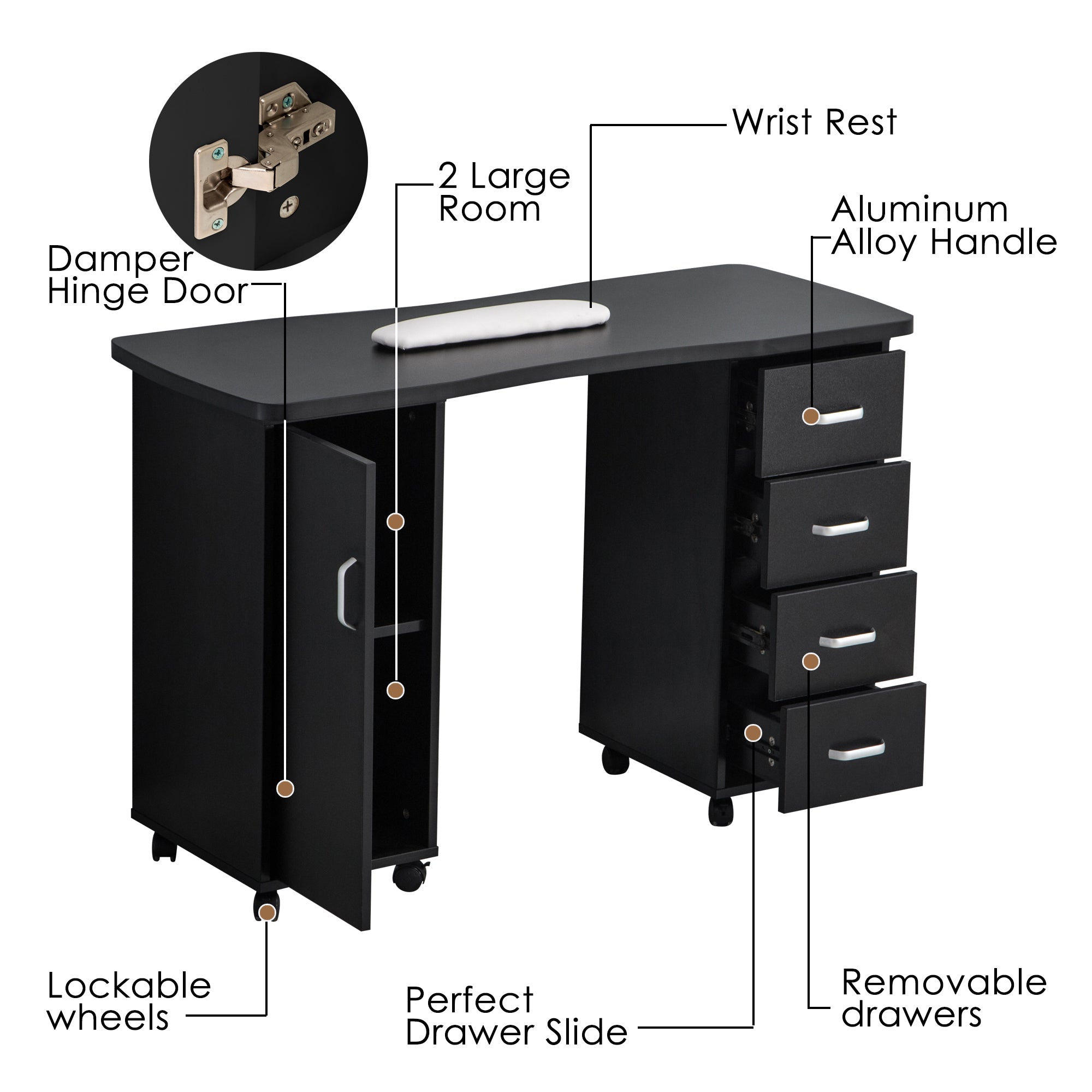 Manicure Acetone Resistant Table with Lockable Wheels, Nail Art Station for Storage 0611