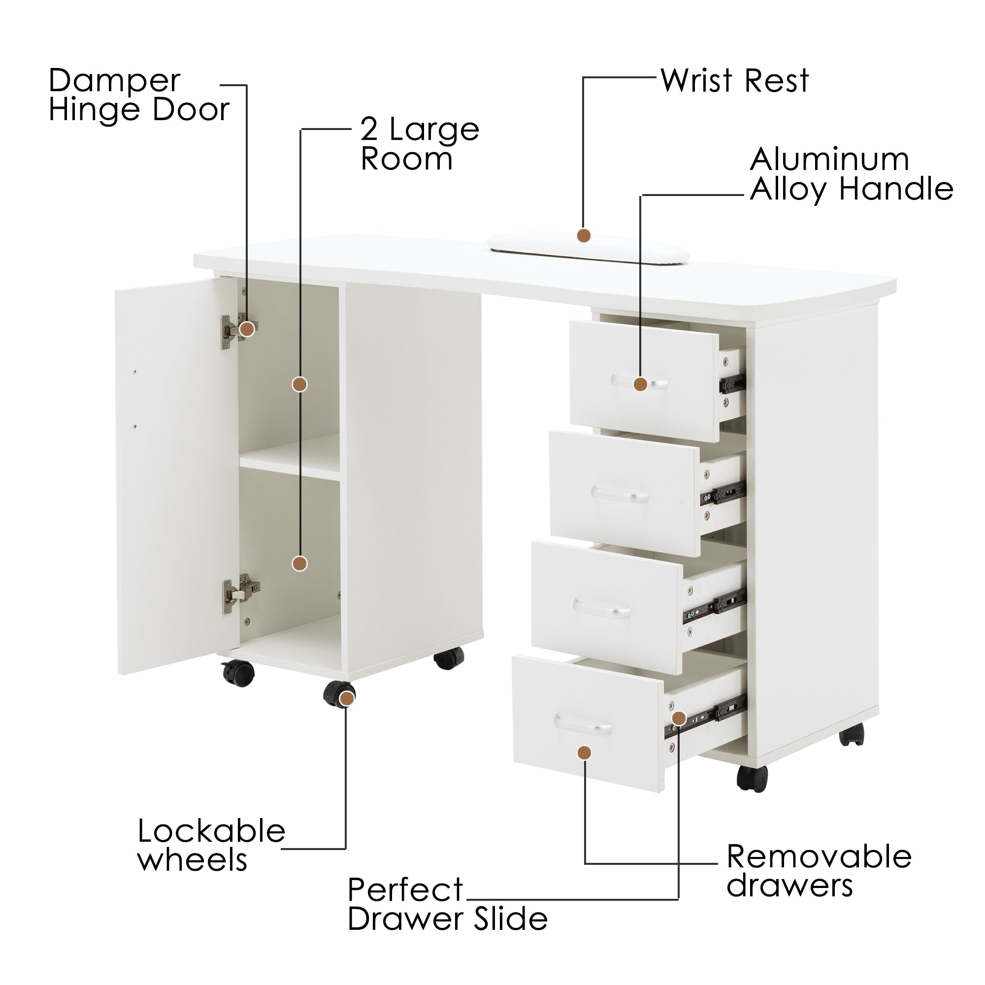 Manicure Acetone Resistant Table with Lockable Wheels, Nail Art Station for Storage 0611