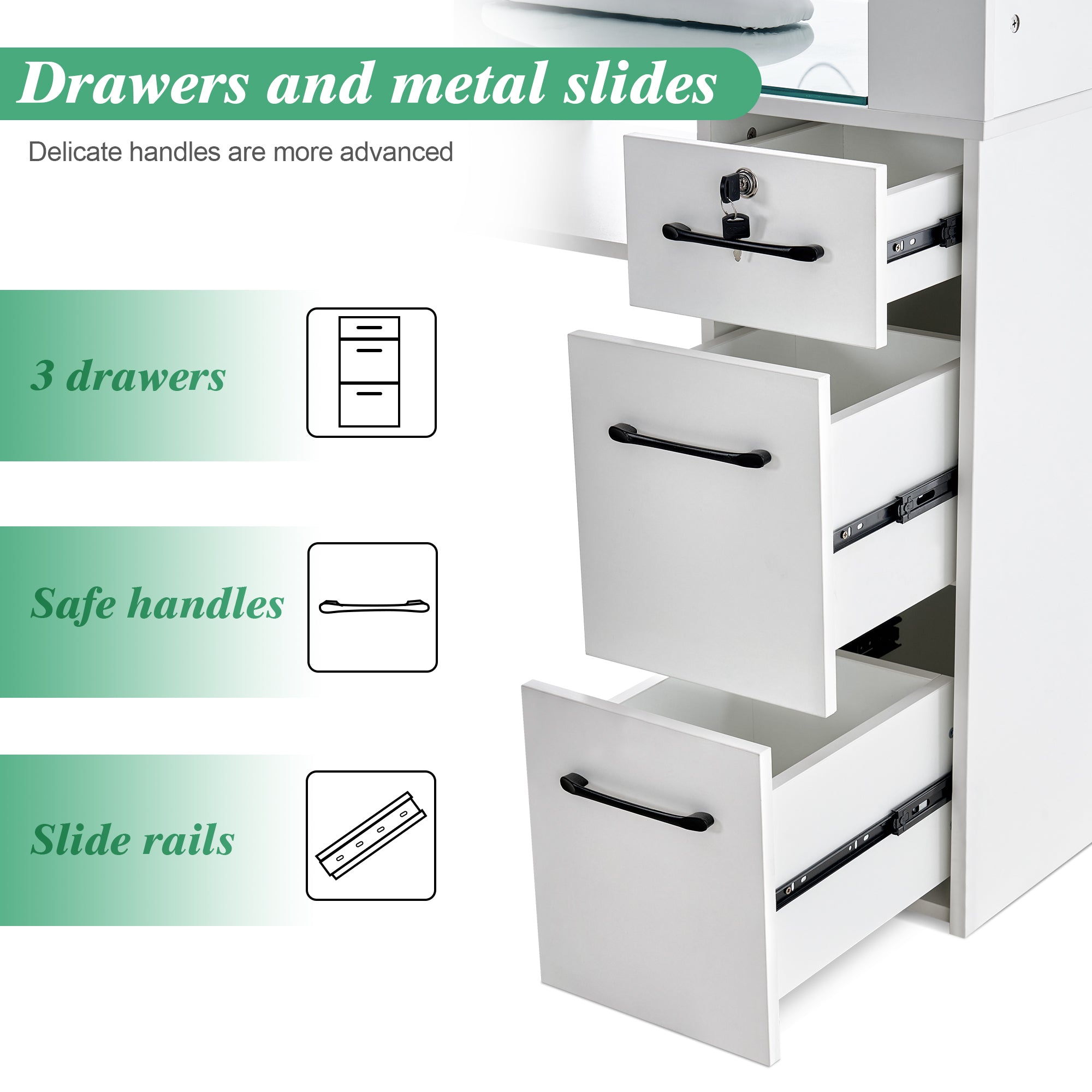 Glass Top Manicure Table With Open Shelves, Nail Tech Desk with Storage Drawers 2673