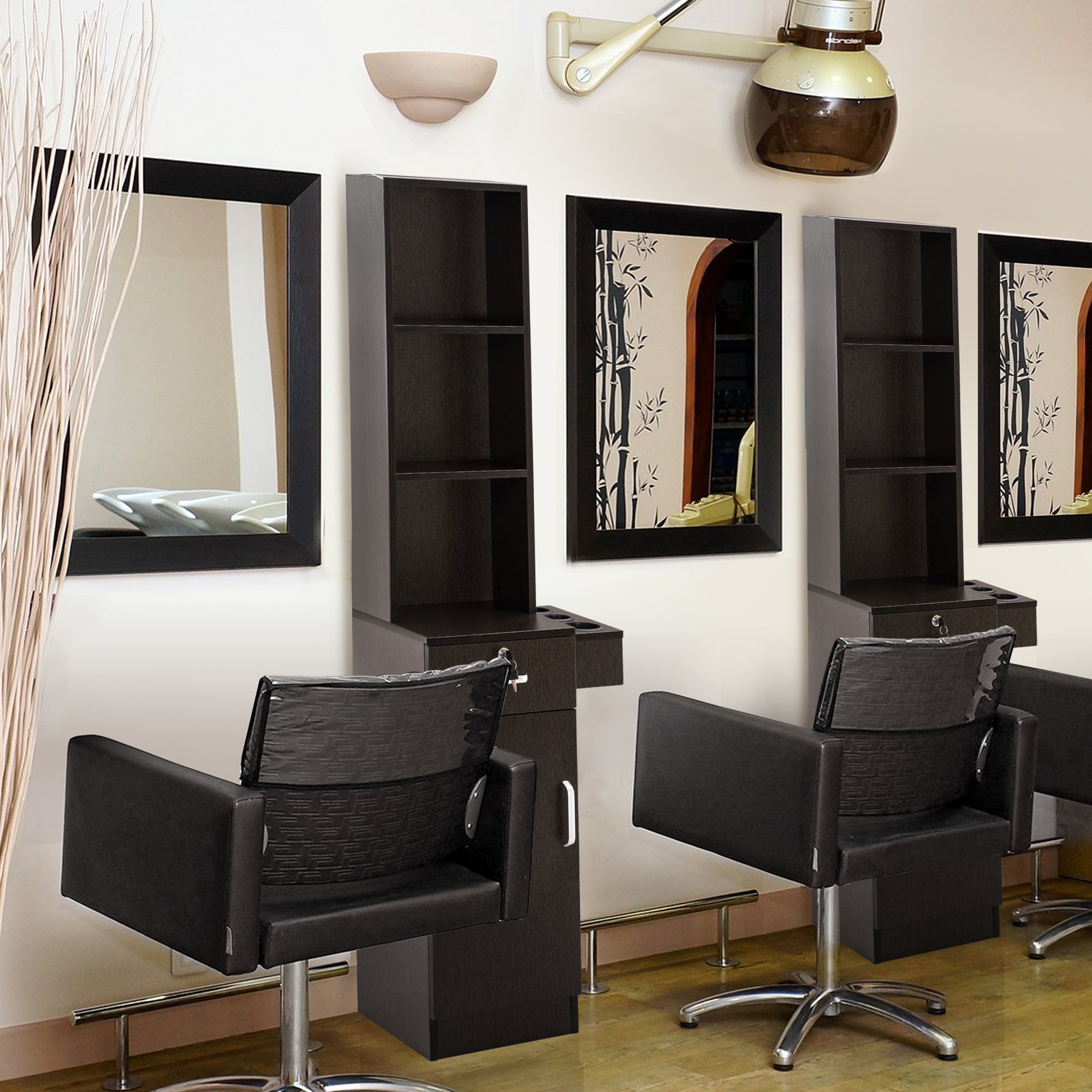 Wall Mount Styling Station with Tool Holders, Hair Salon Storage Equipment with Open Shelves 3208
