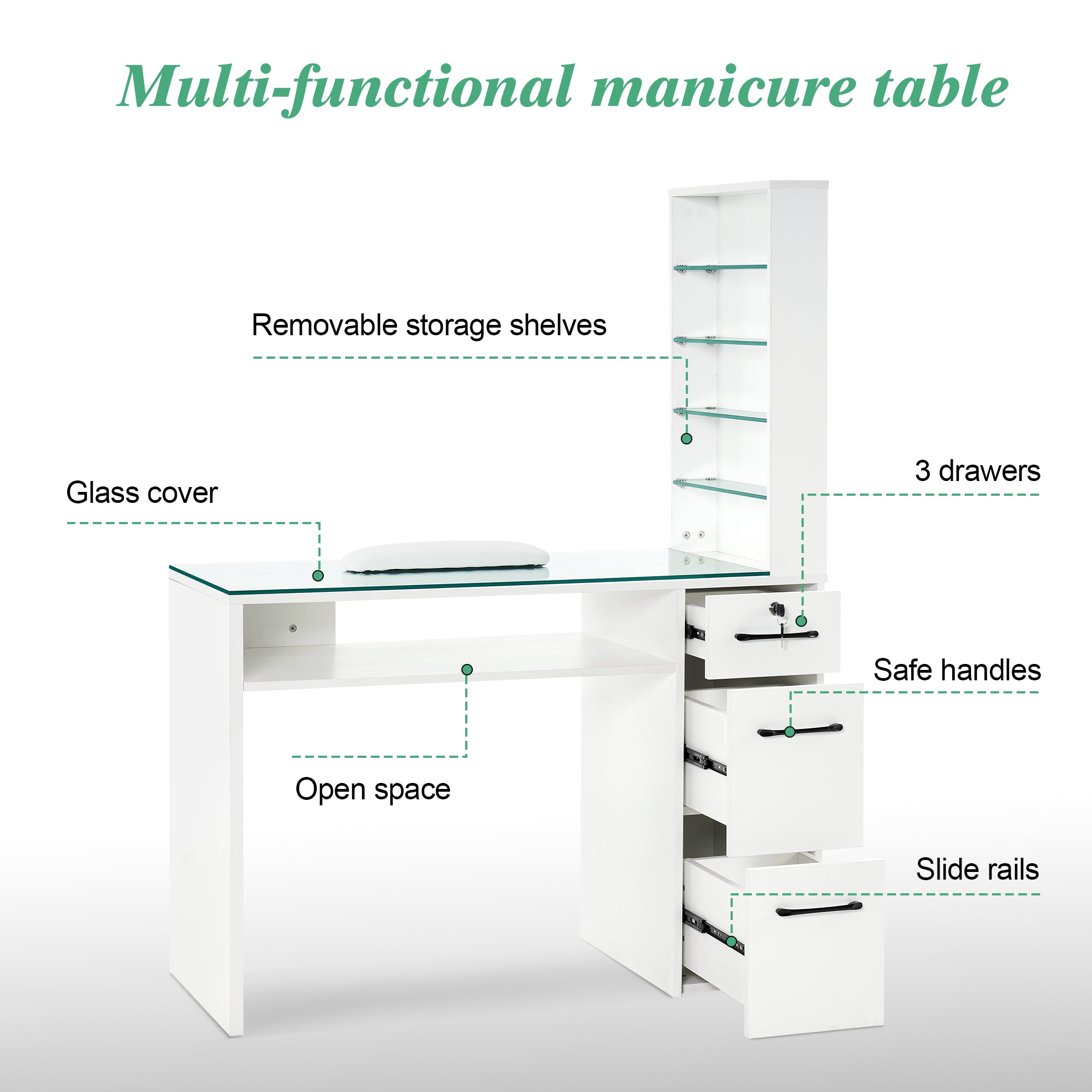 Glass Top Manicure Table With Open Shelves, Nail Tech Desk with Storage Drawers 2673