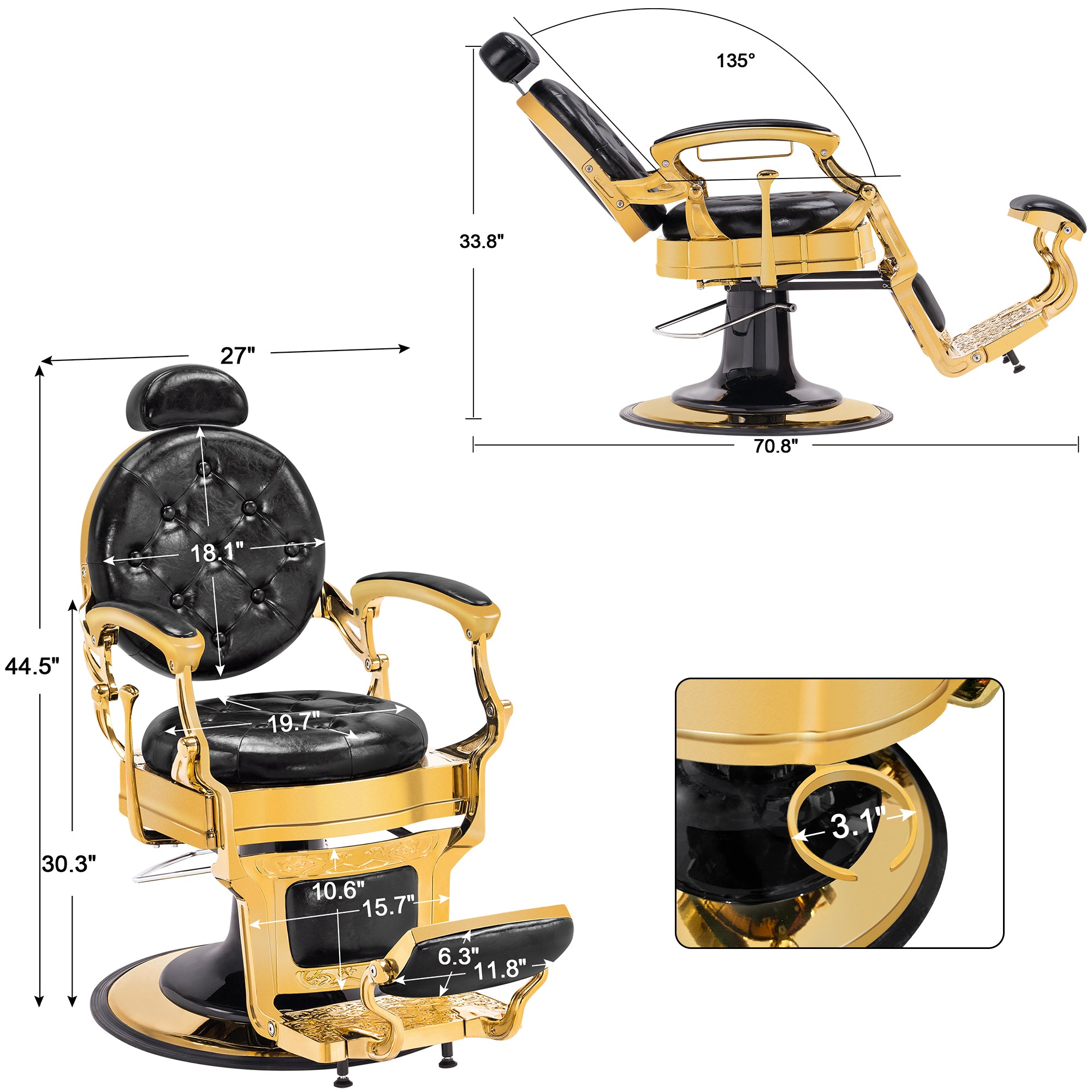 BarberPub Metal Vintage Barber Chair1, Reclining Barbershop Chair with Headrest 3849