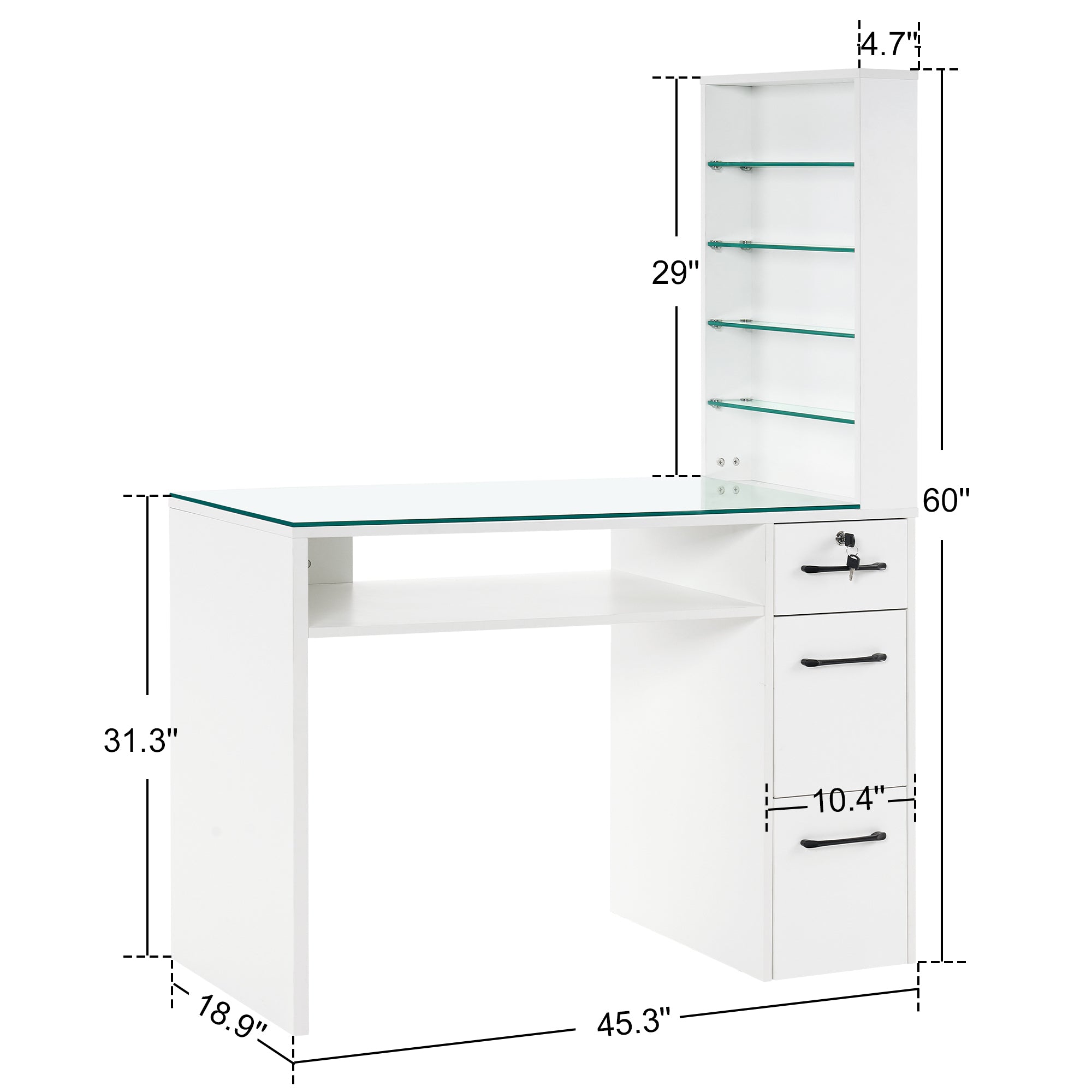 Glass Top Manicure Table With Open Shelves, Nail Tech Desk with Storage Drawers 2673