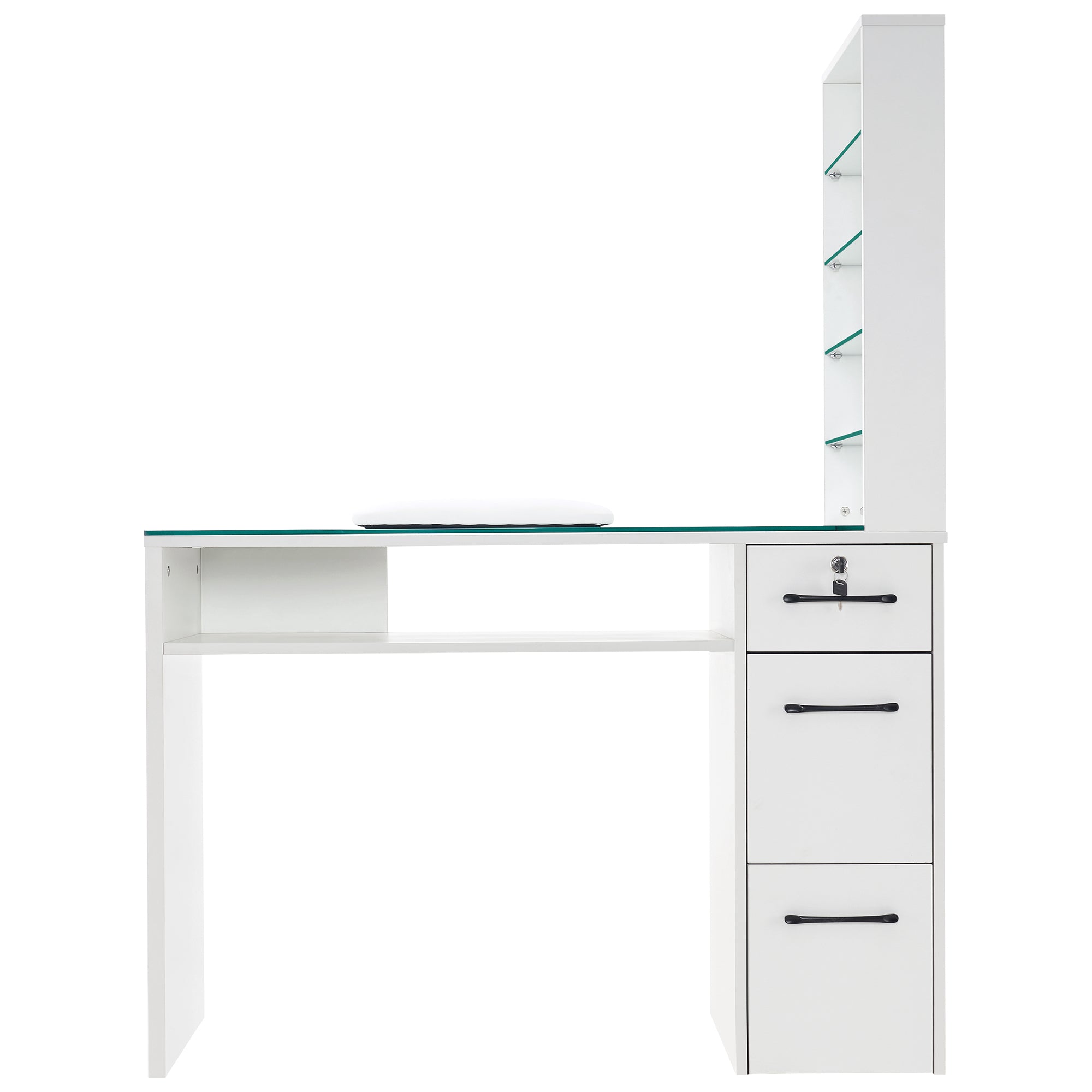 Glass Top Manicure Table With Open Shelves, Nail Tech Desk with Storage Drawers 2673
