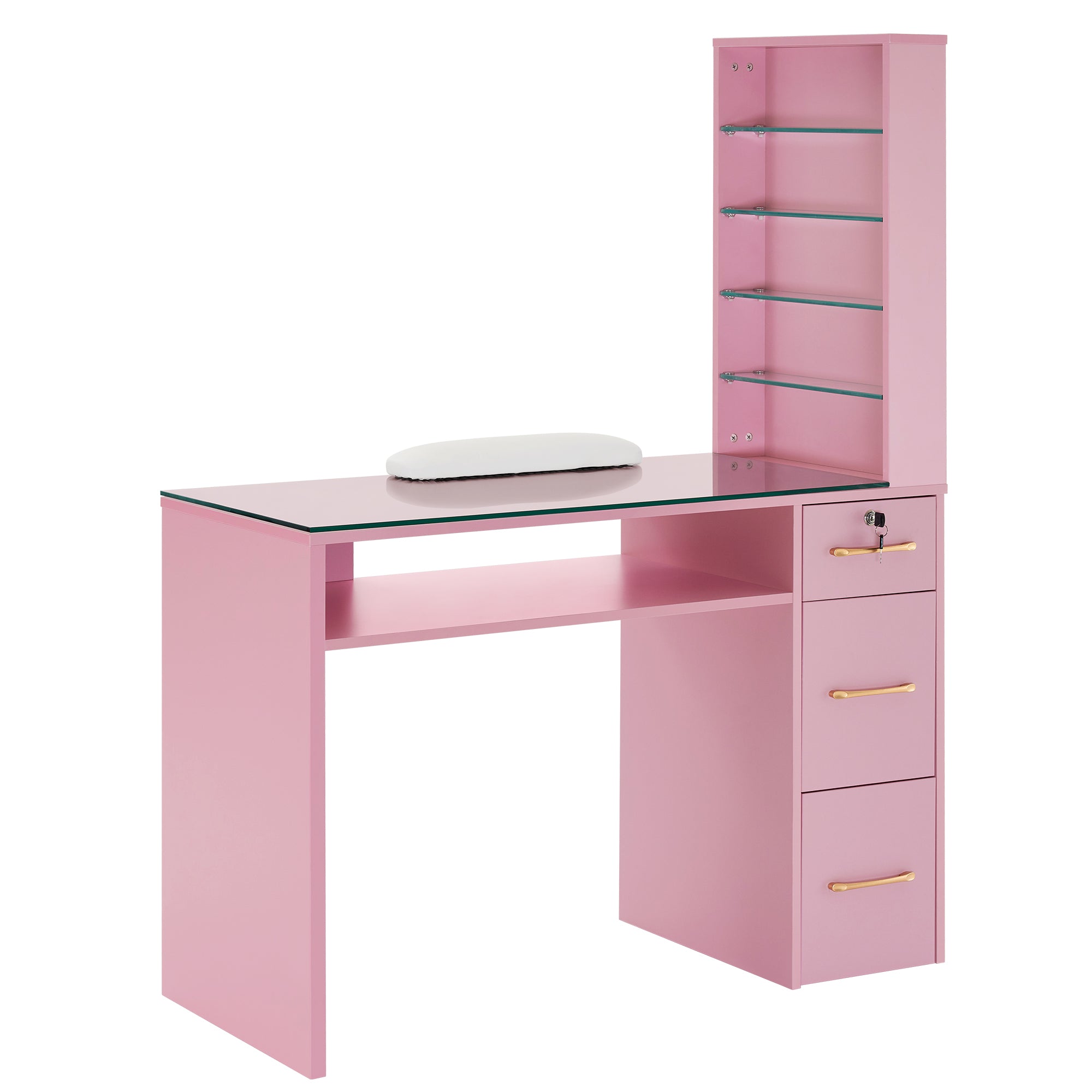 Glass Top Manicure Table With Open Shelves, Nail Tech Desk with Storage Drawers 2673