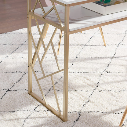 Barberpub Nail Table with Shelves and Gold Accents, White Marble Manicure Desk for Salon or Home